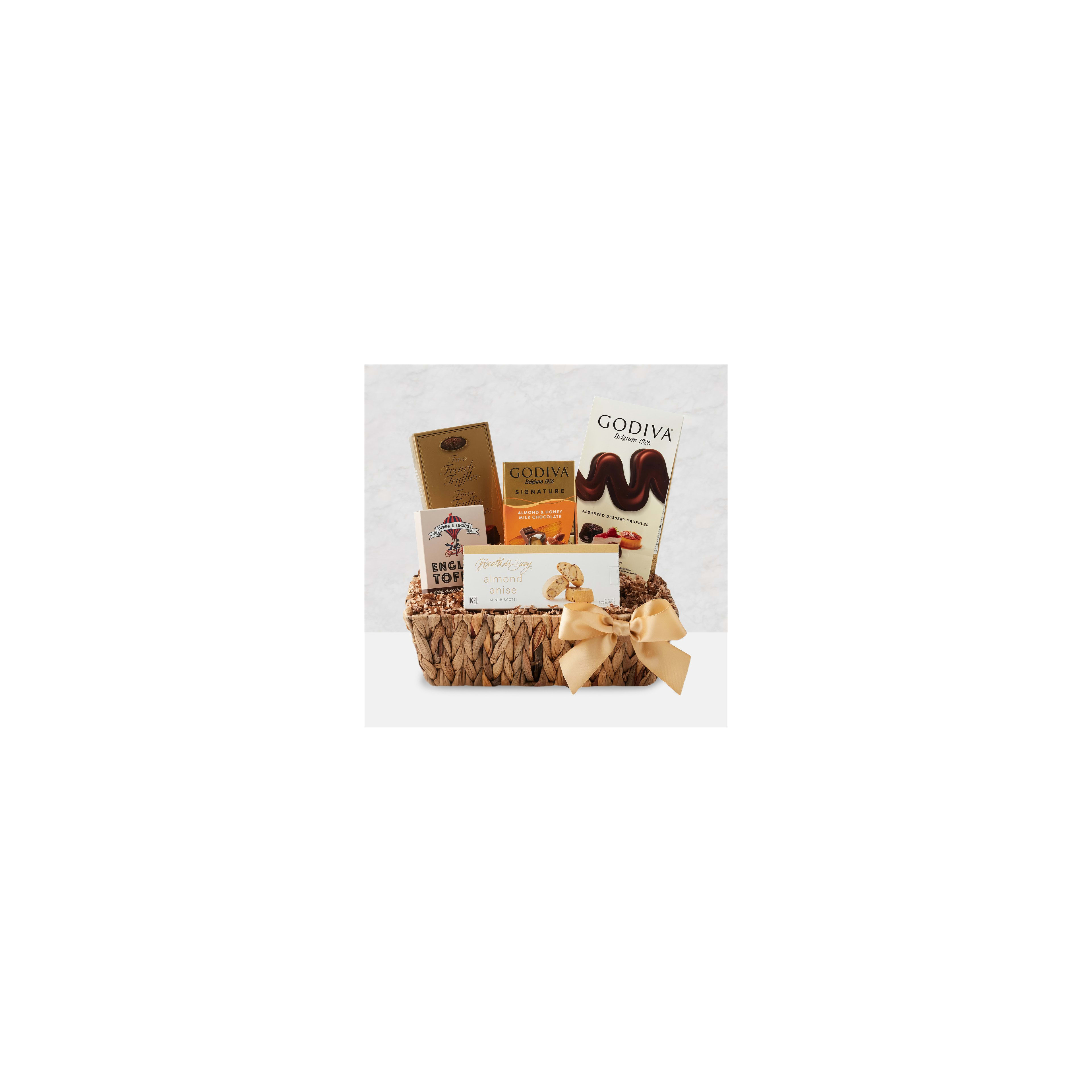 A lovely basket filled with chocolates and treats, ideal for gifts or sharing.