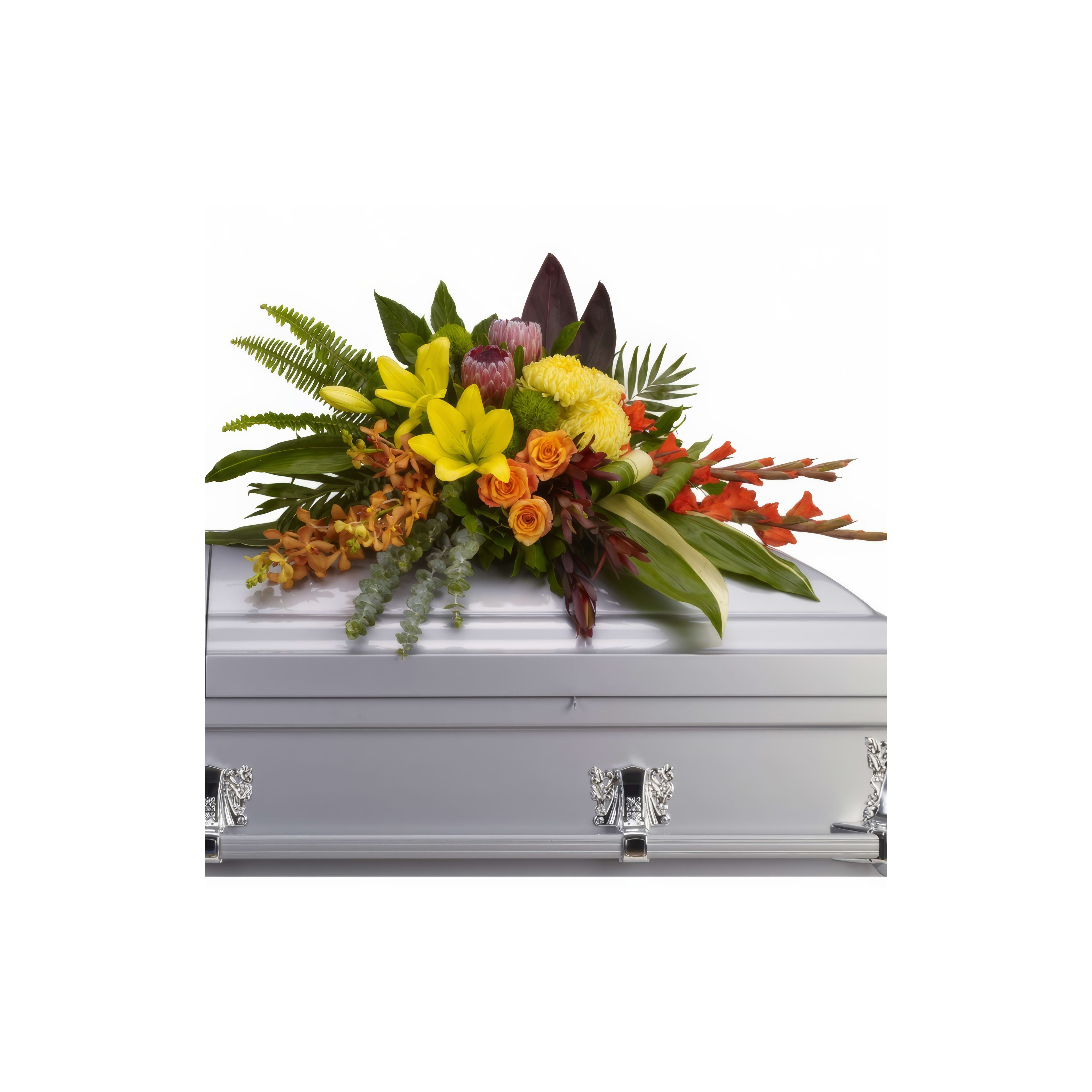 A vibrant floral arrangement adorns a silver casket during a memorial service, celebrating life.