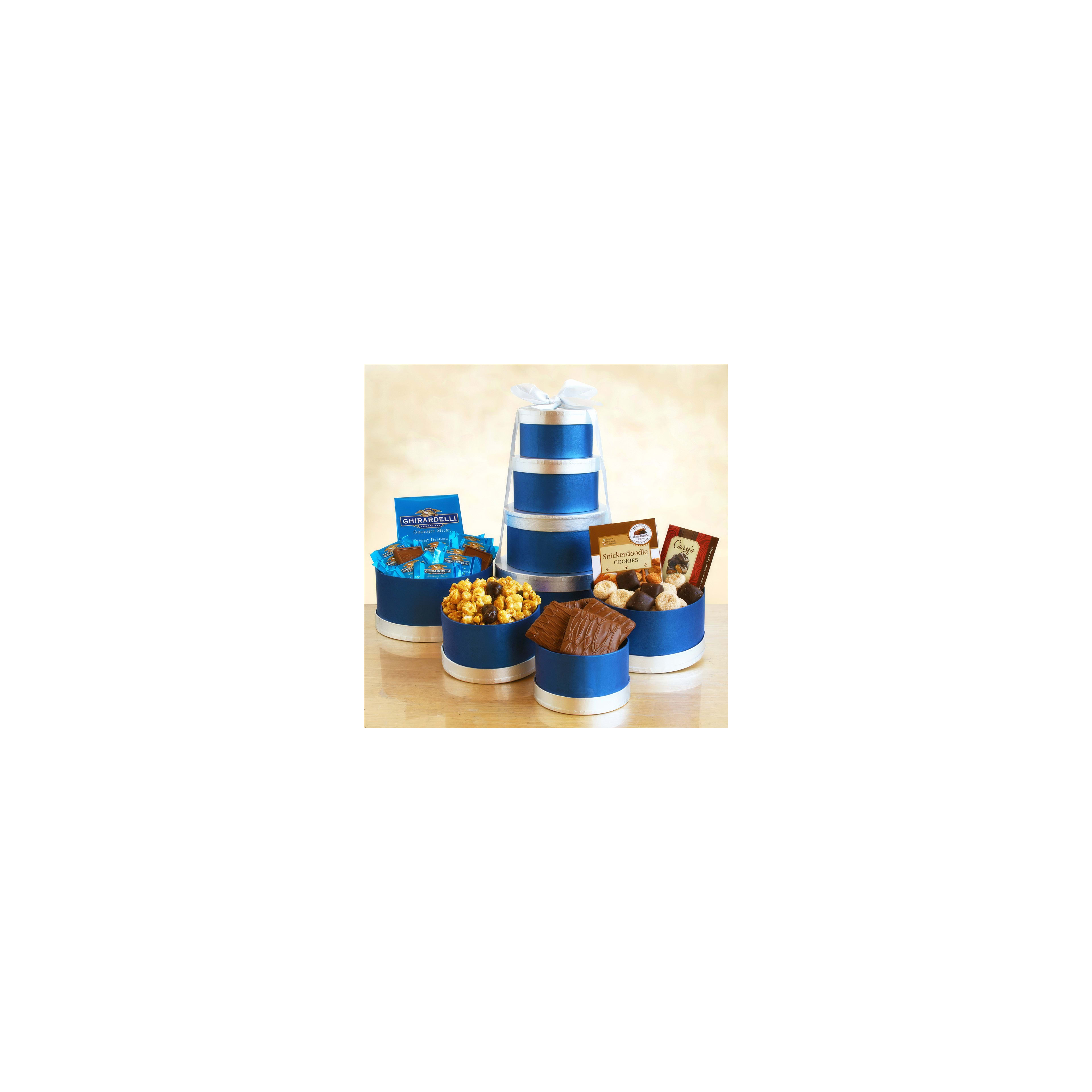 A lovely gift tower filled with chocolates, cookies, and popcorn for special moments.