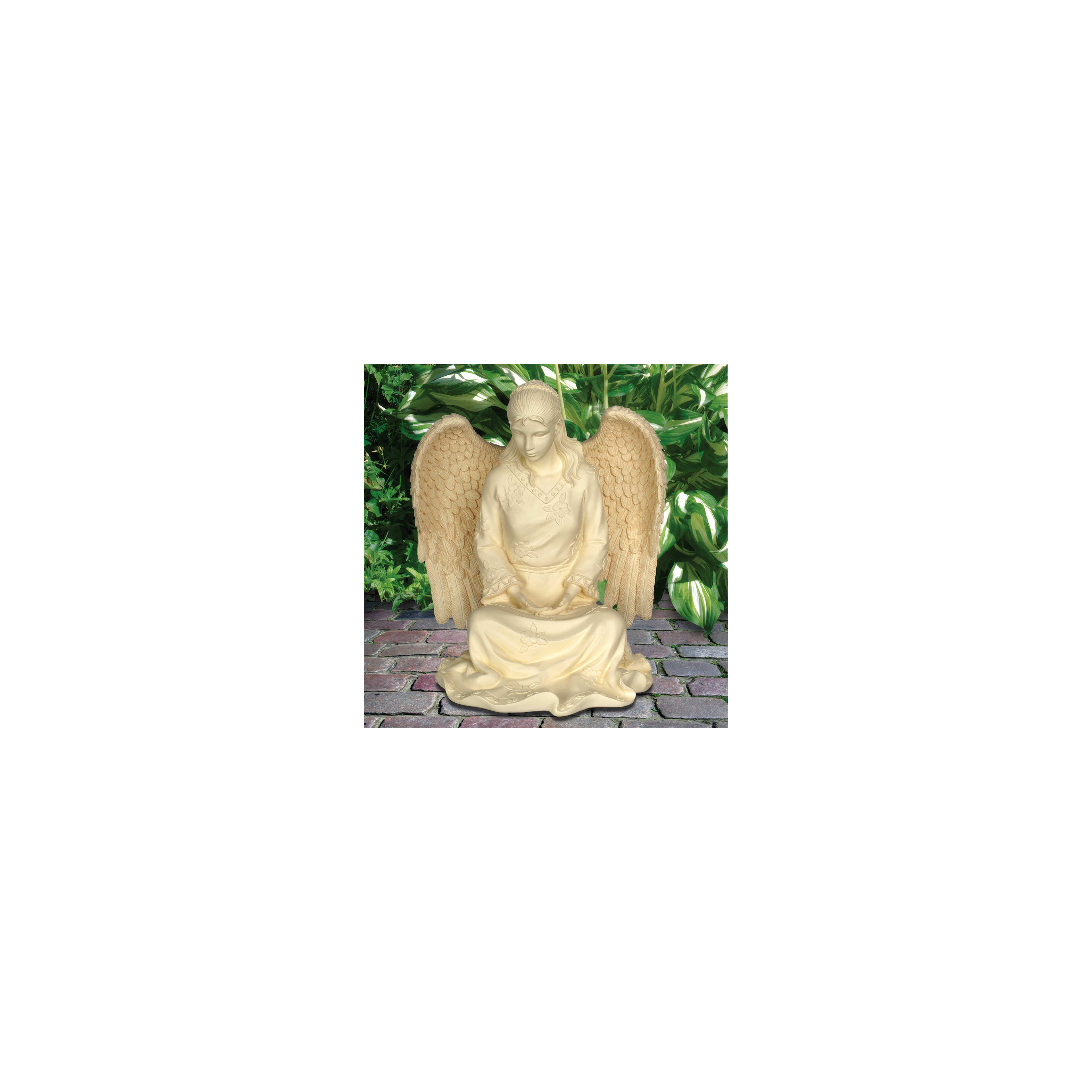 A serene angel statue rests in a vibrant garden, holding a small object with gentle care.