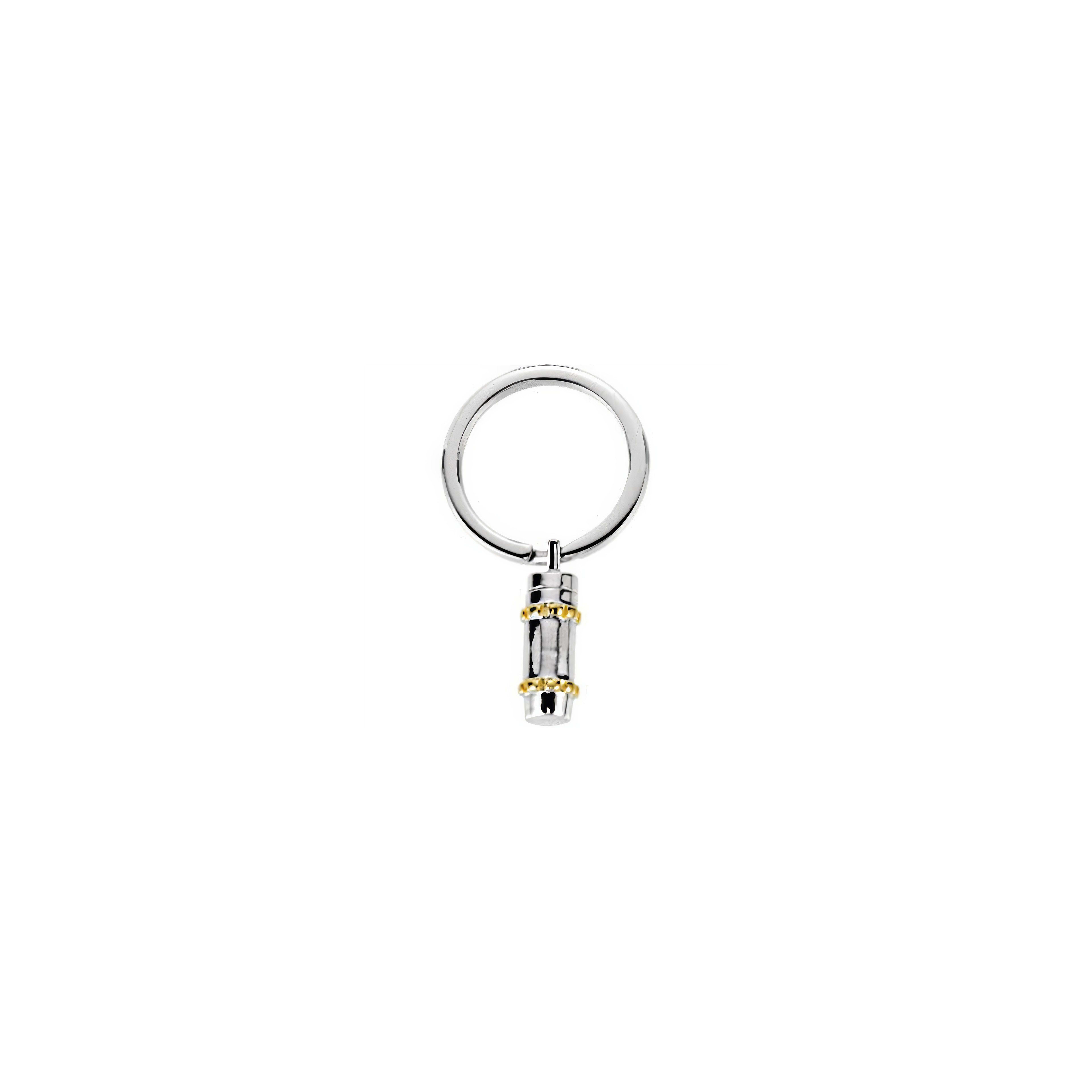 This stylish keychain features a silver ring and gold-detailed cylinder for daily use.