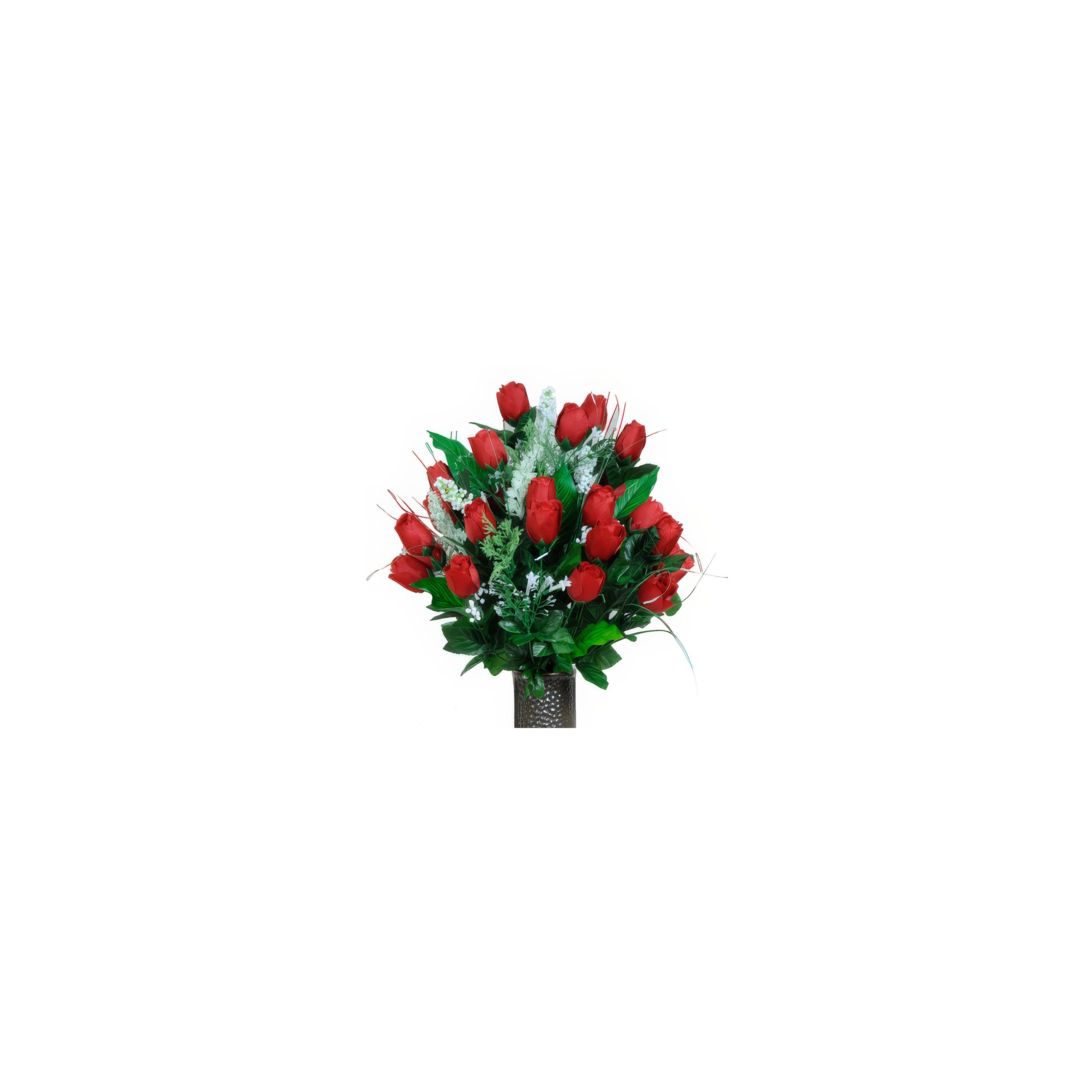 Bright red roses are arranged beautifully with green leaves in an elegant vase for decoration.