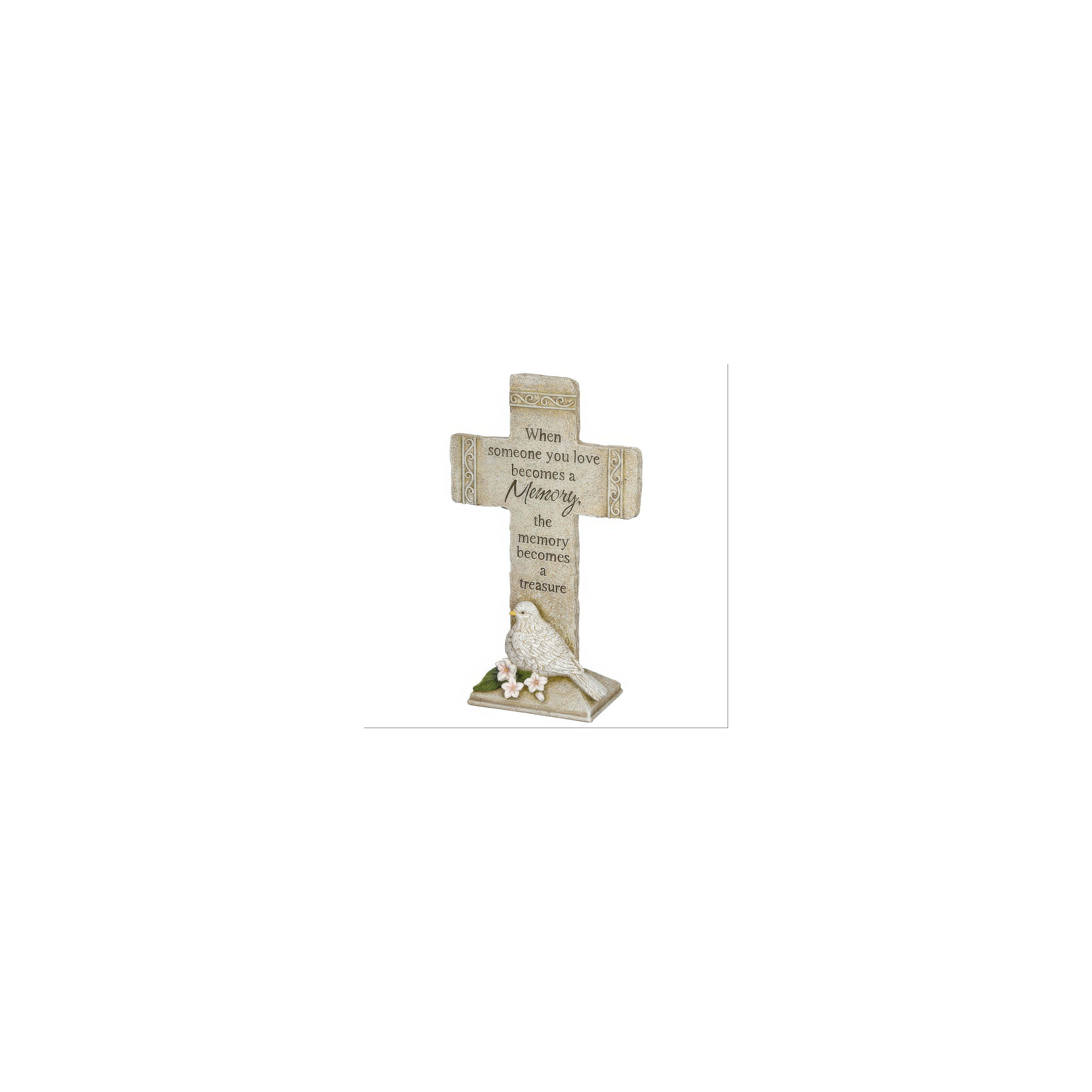 Decorative cross stands with message about love and memory, bringing comfort in a quiet room.