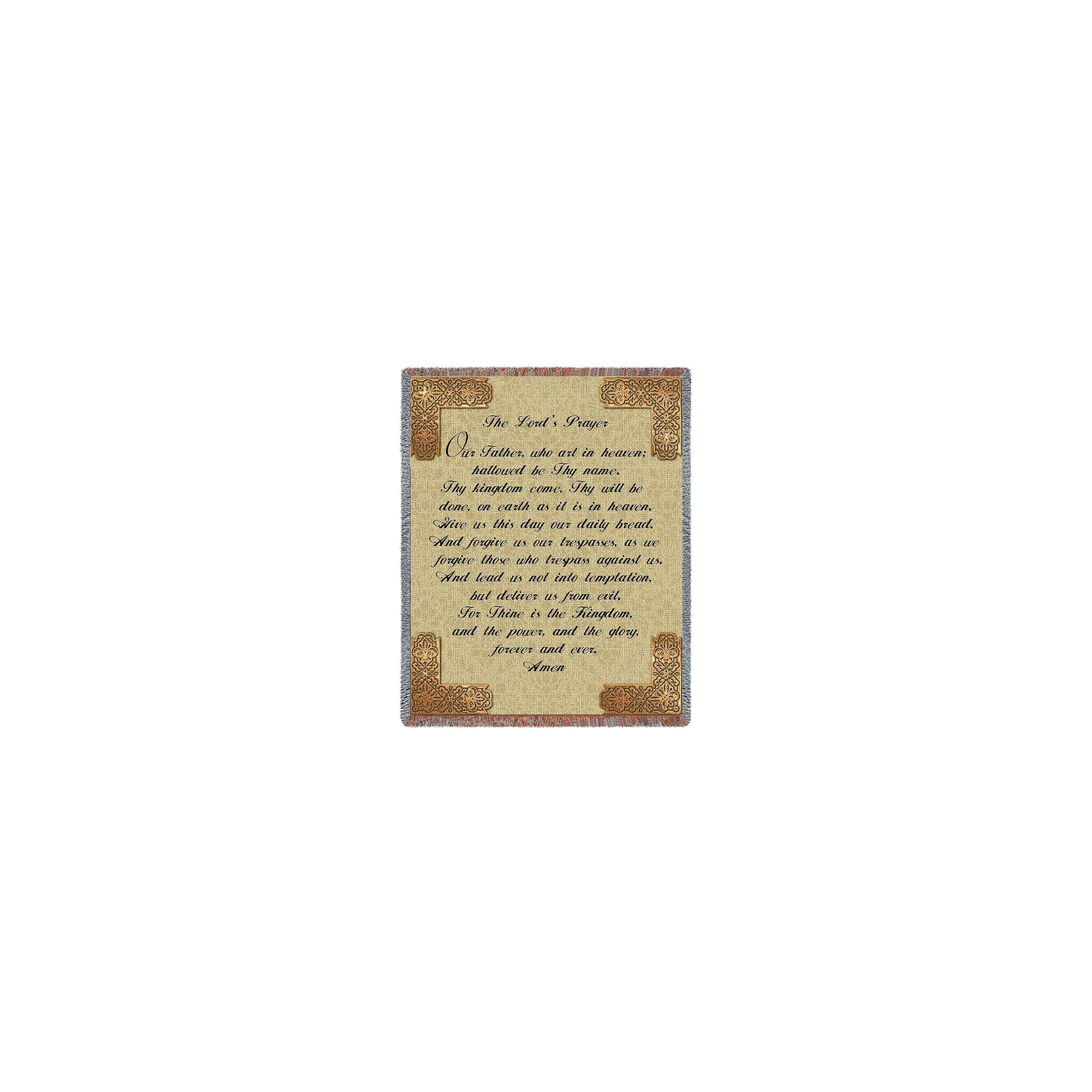 A stunning wall hanging showcases the Lord's Prayer in elegant script with decorative borders.