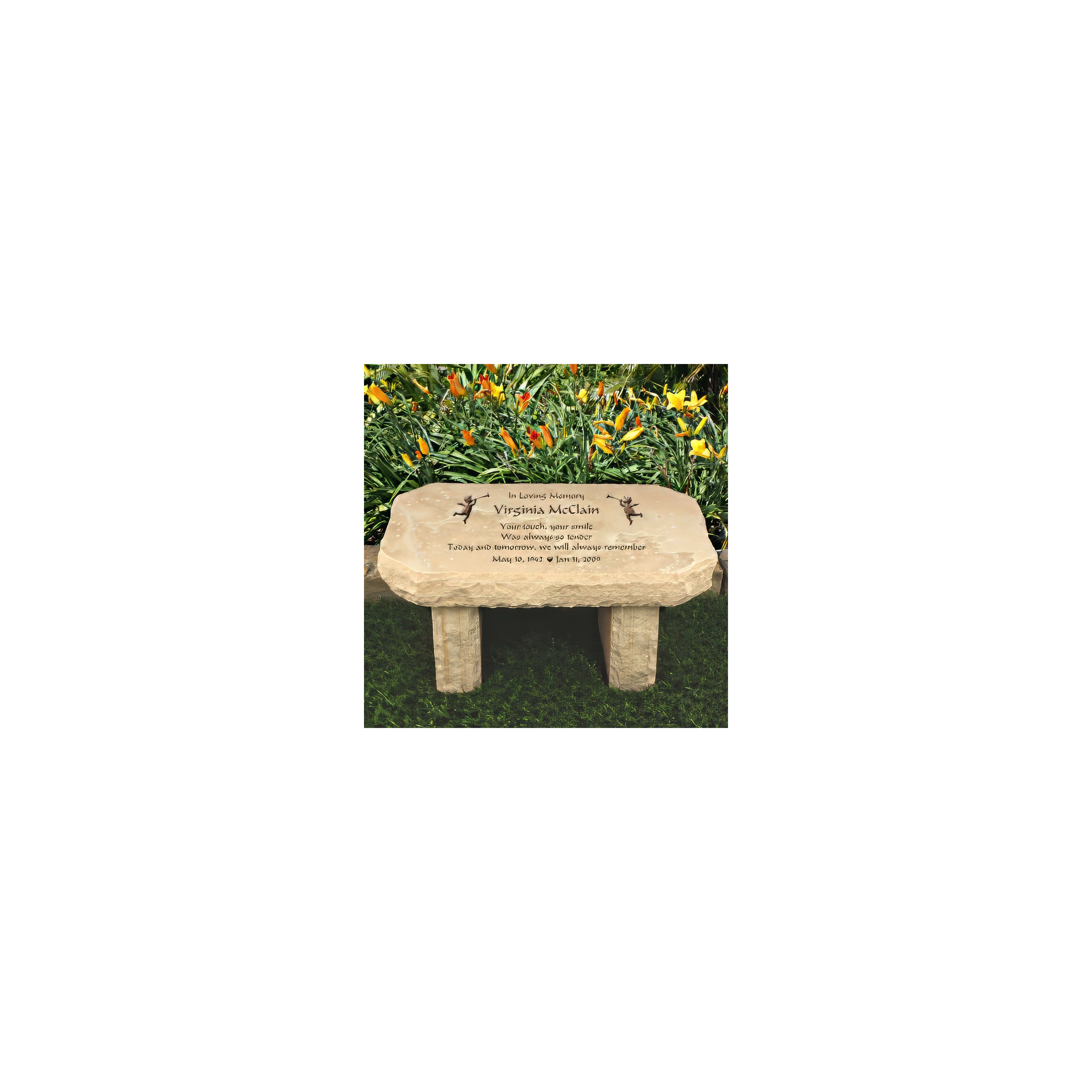 A memorial stone for Virginia McClain, surrounded by flowers in a peaceful garden.
