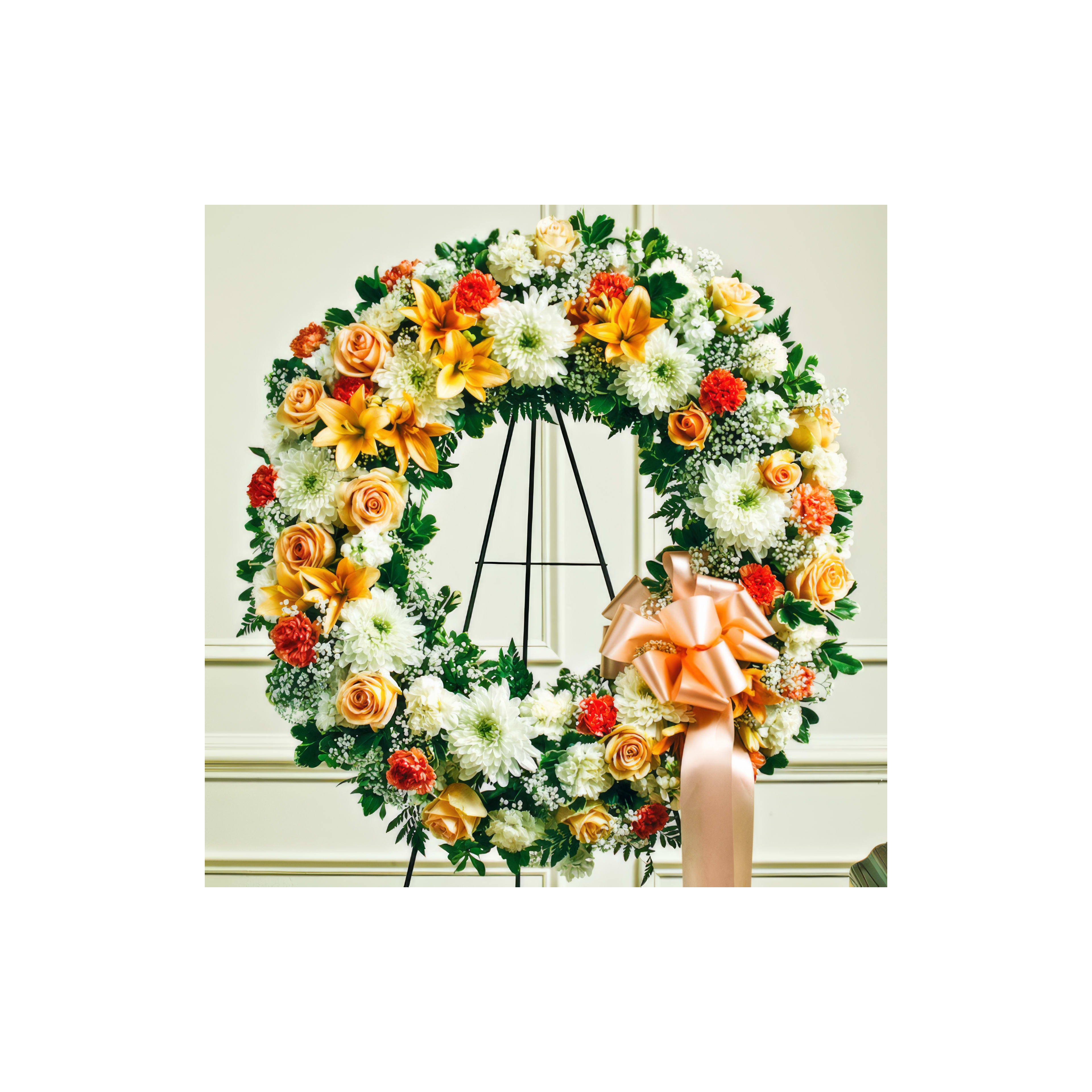 Colorful floral wreath arranged with roses, lilies, and other flowers placed on an easel.