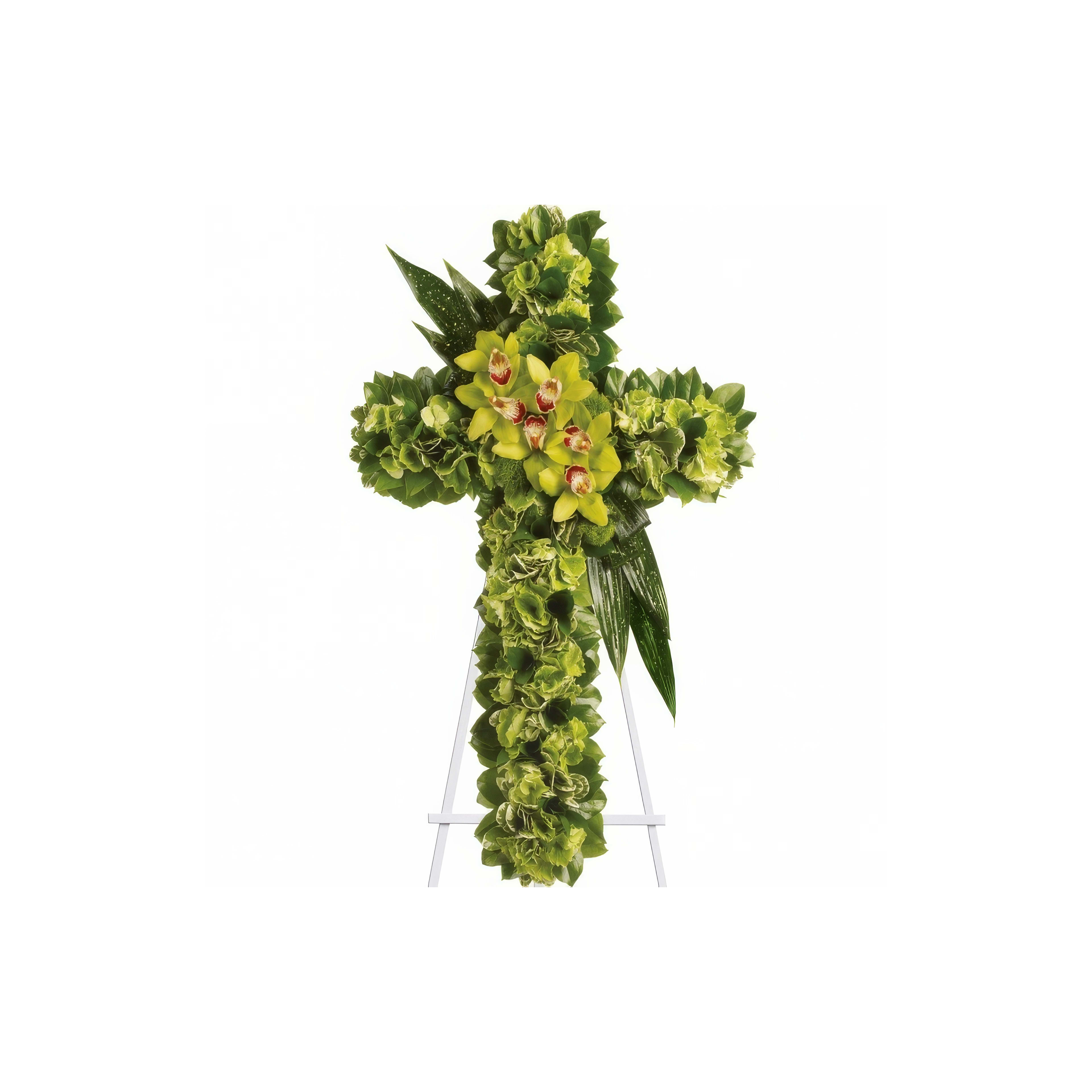 Floral cross arrangement featuring green orchids and leaves, ideal for memorial tributes.