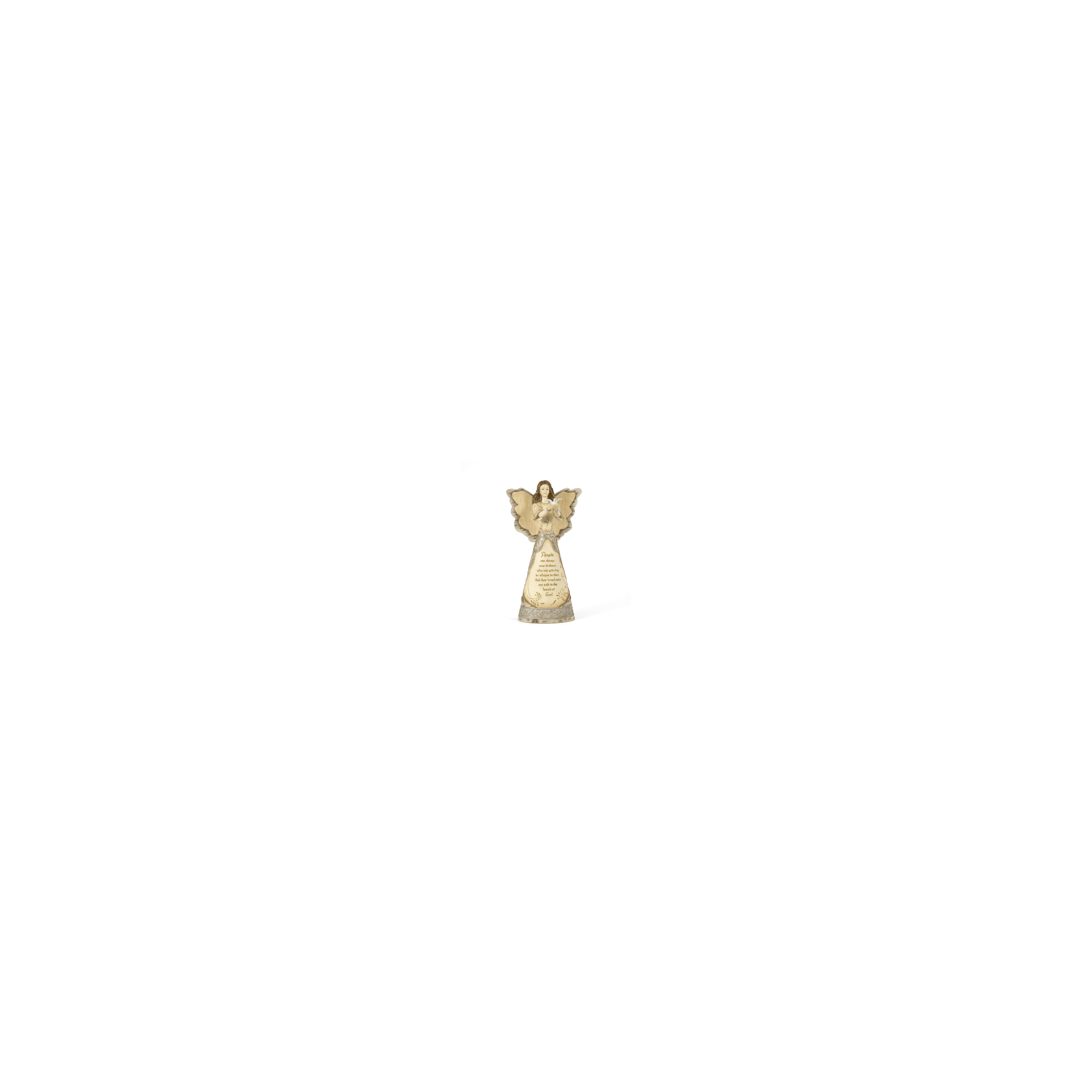 A beautifully crafted angel figurine holds a dove, symbolizing peace and solace for the grieving.