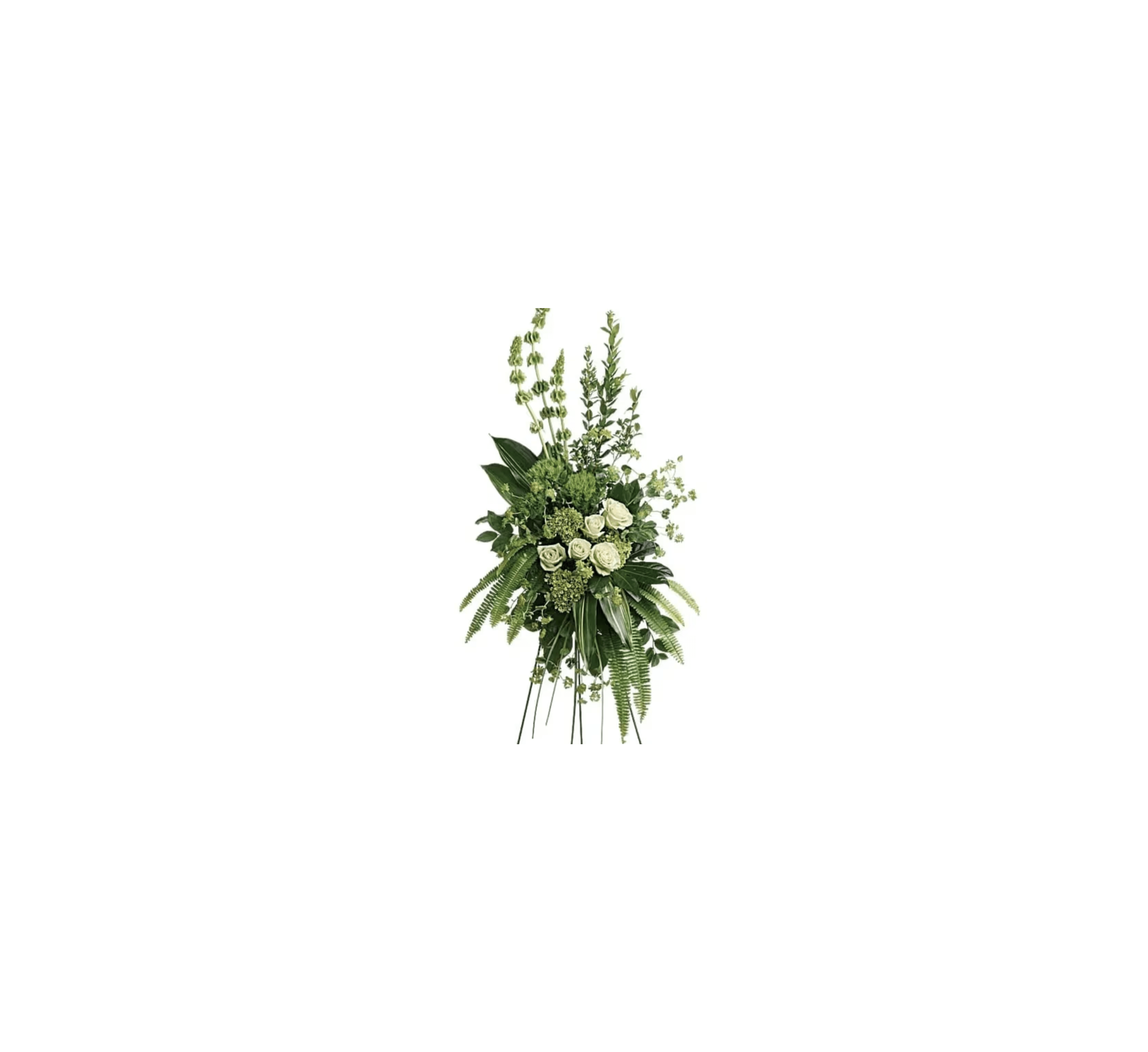 A bouquet of white roses and green leaves