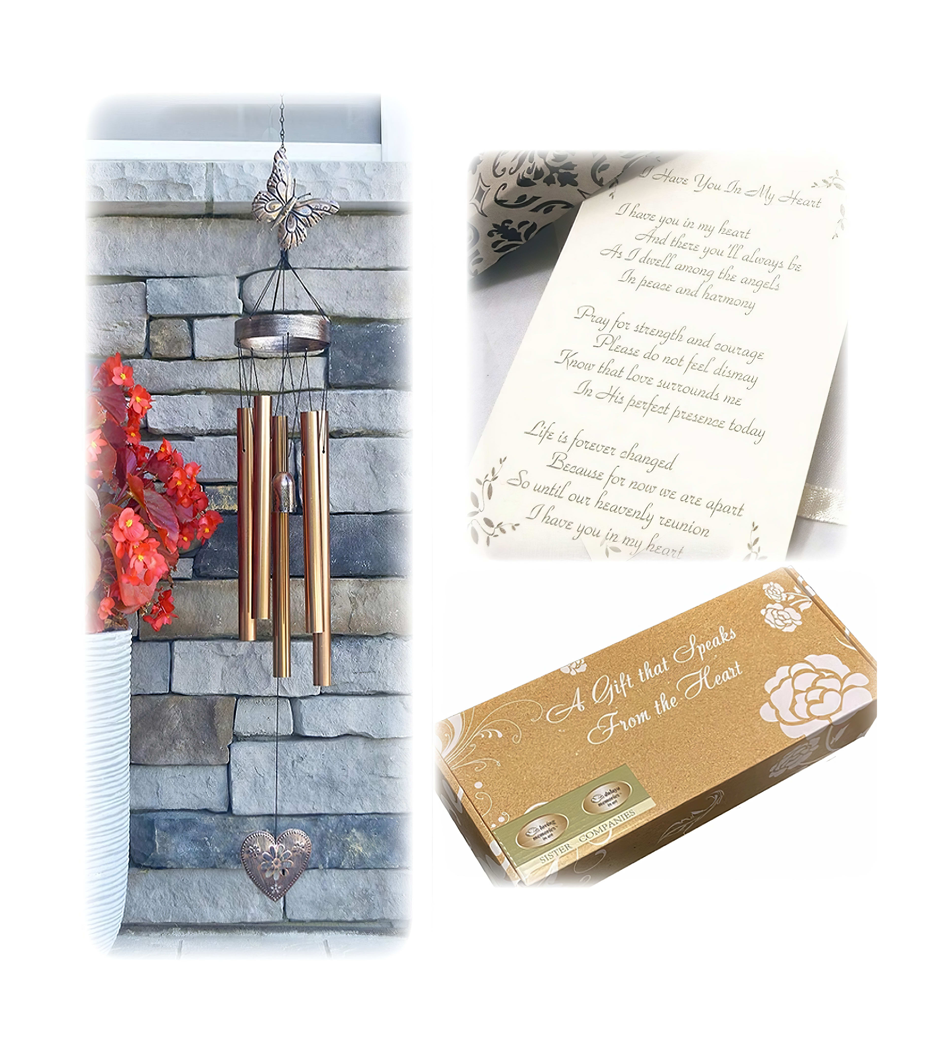 Decorative wind chime hangs near a beautiful stone wall alongside a thoughtful card and gift box.