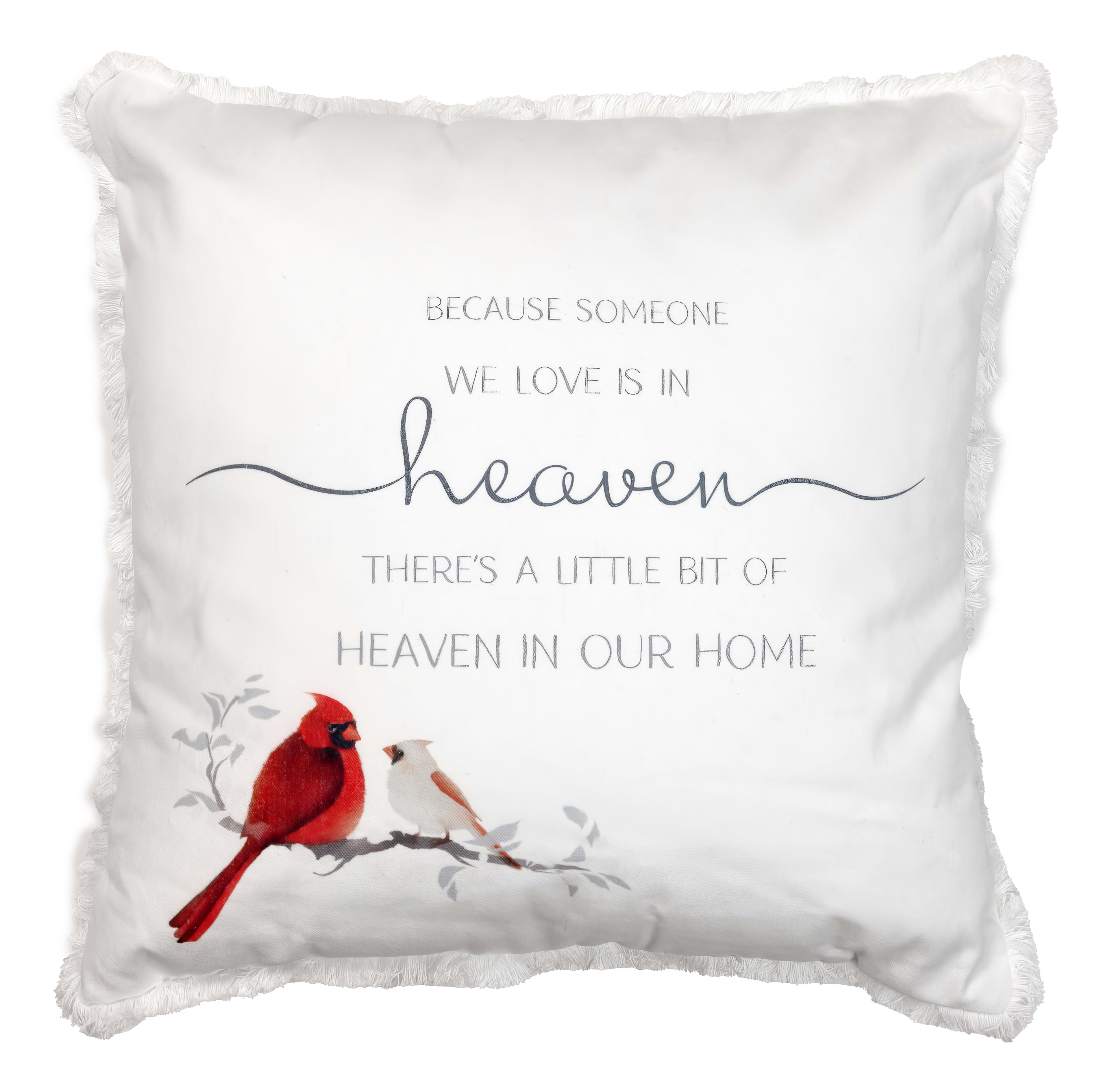A soft cushion features a poignant message about love and loss with illustrations of a cardinal.
