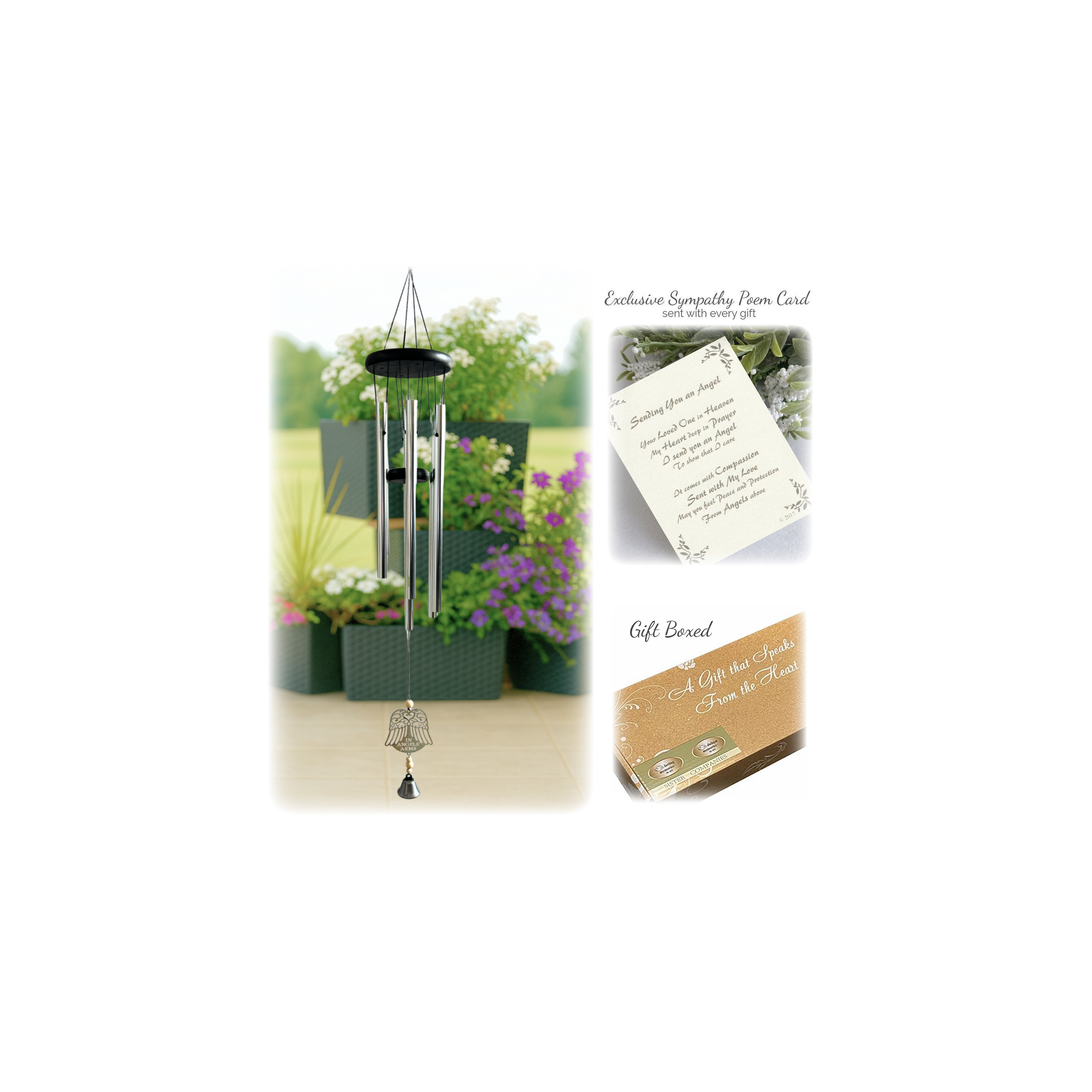 Beautiful wind chimes paired with a sympathy card and gift box surrounded by blooming flowers.