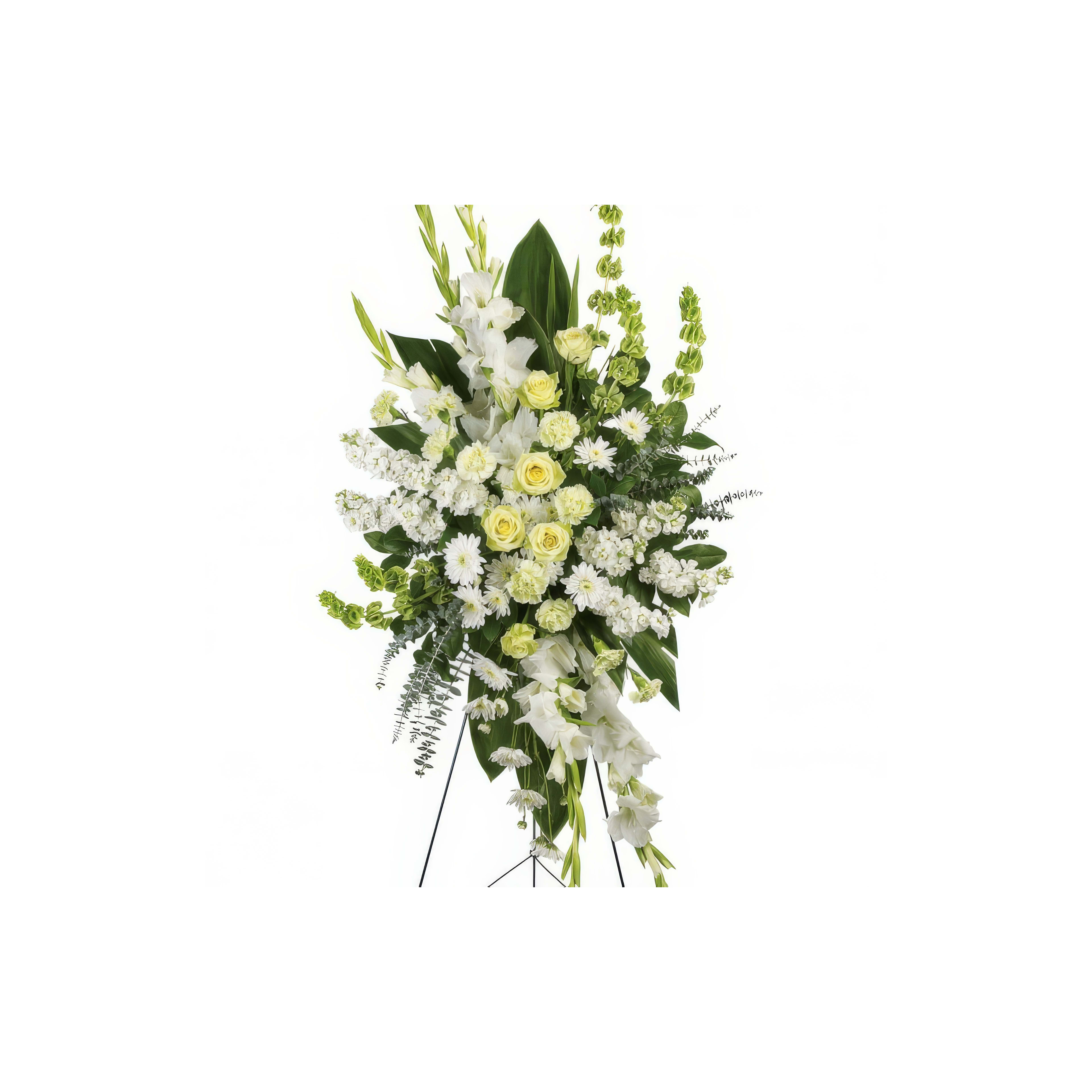 A stunning arrangement of white roses and greenery displayed on a stand, perfect for a memorial.