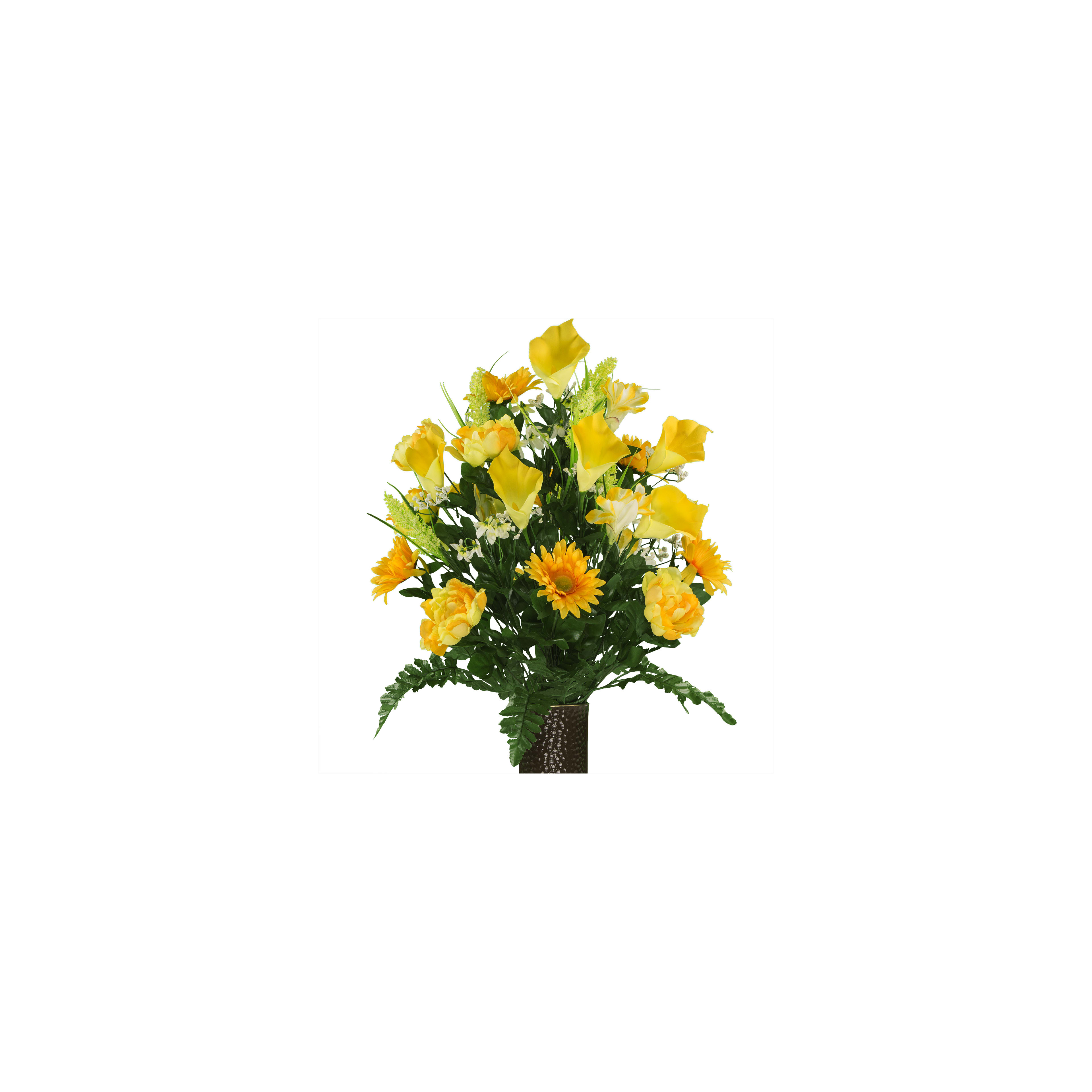Colorful flower arrangement features vibrant yellow blooms and green foliage in a stylish vase.
