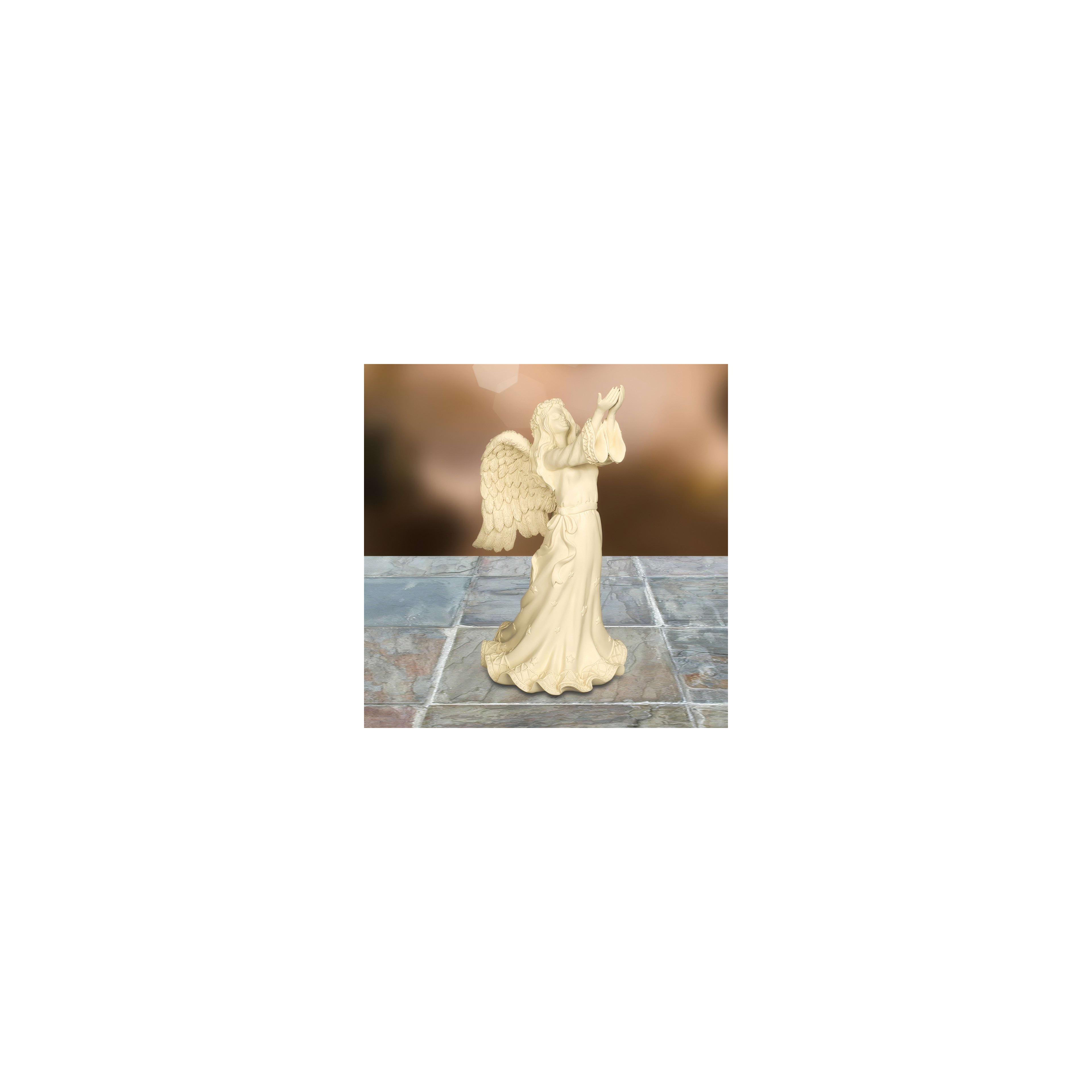 A graceful angel figurine with wings stands on a stone surface, reaching out in prayer.