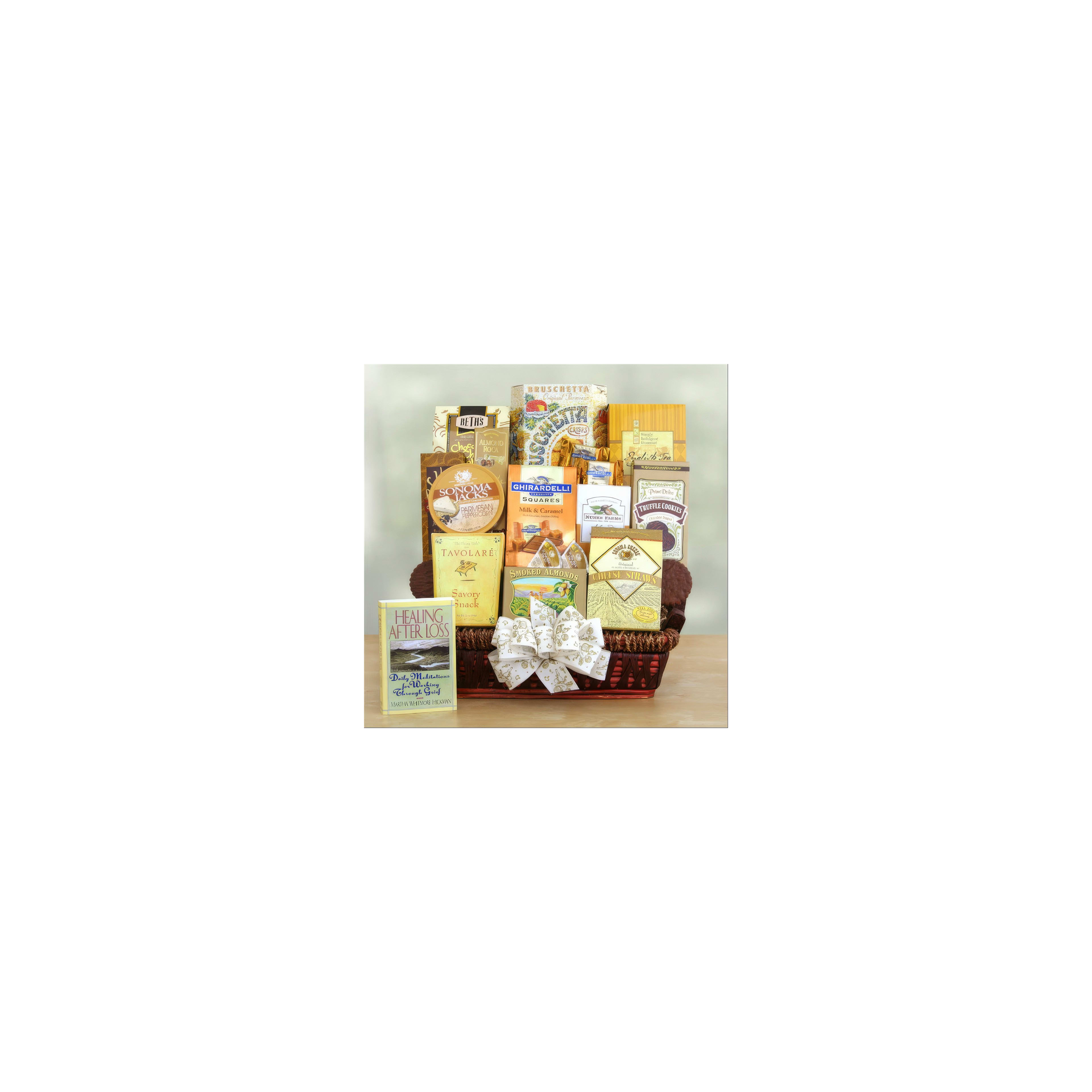 A large gift basket displays various snacks, chocolates, and gourmet treats, decorated beautifully.