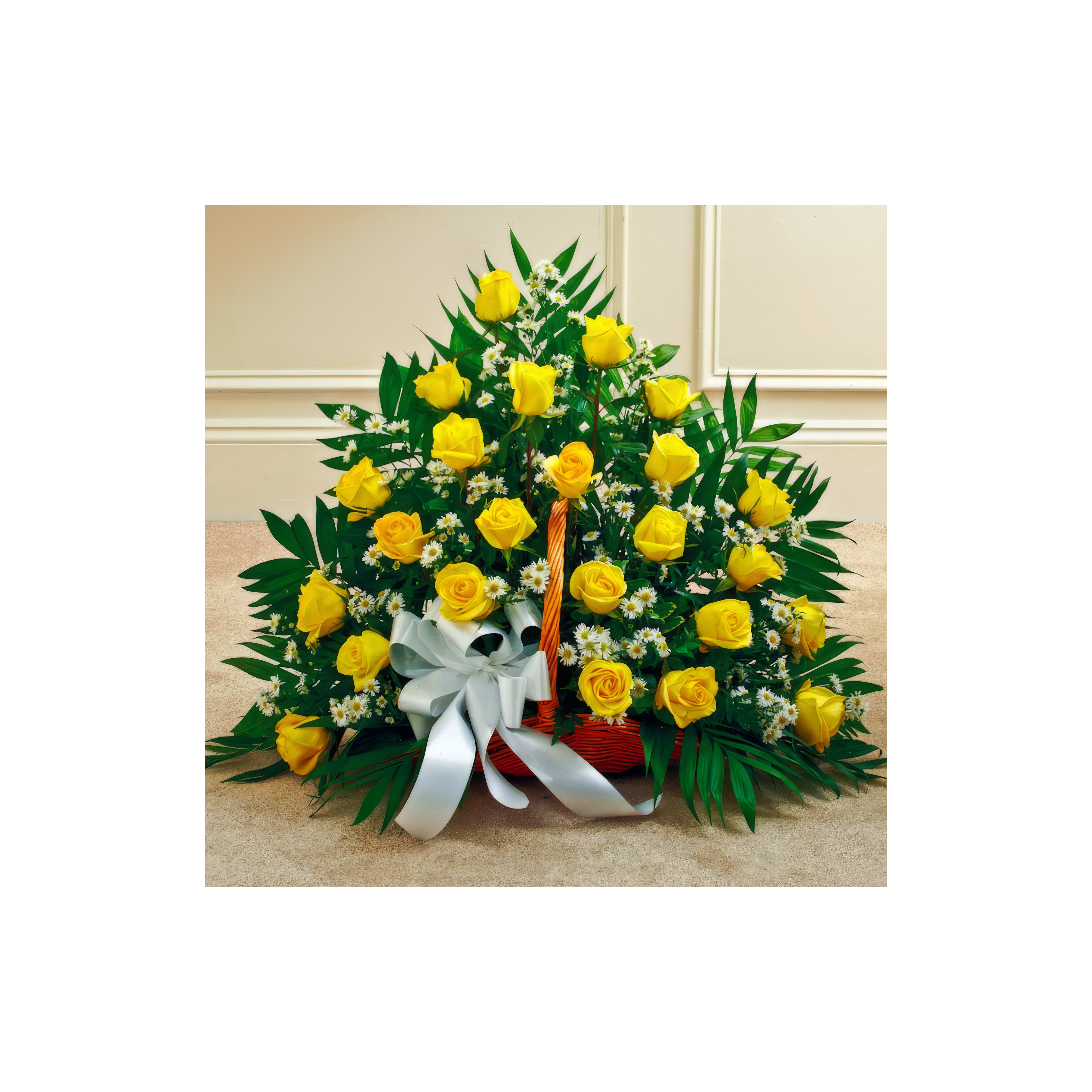 A colorful display of yellow roses and greenery enhances a festive atmosphere for celebrations.