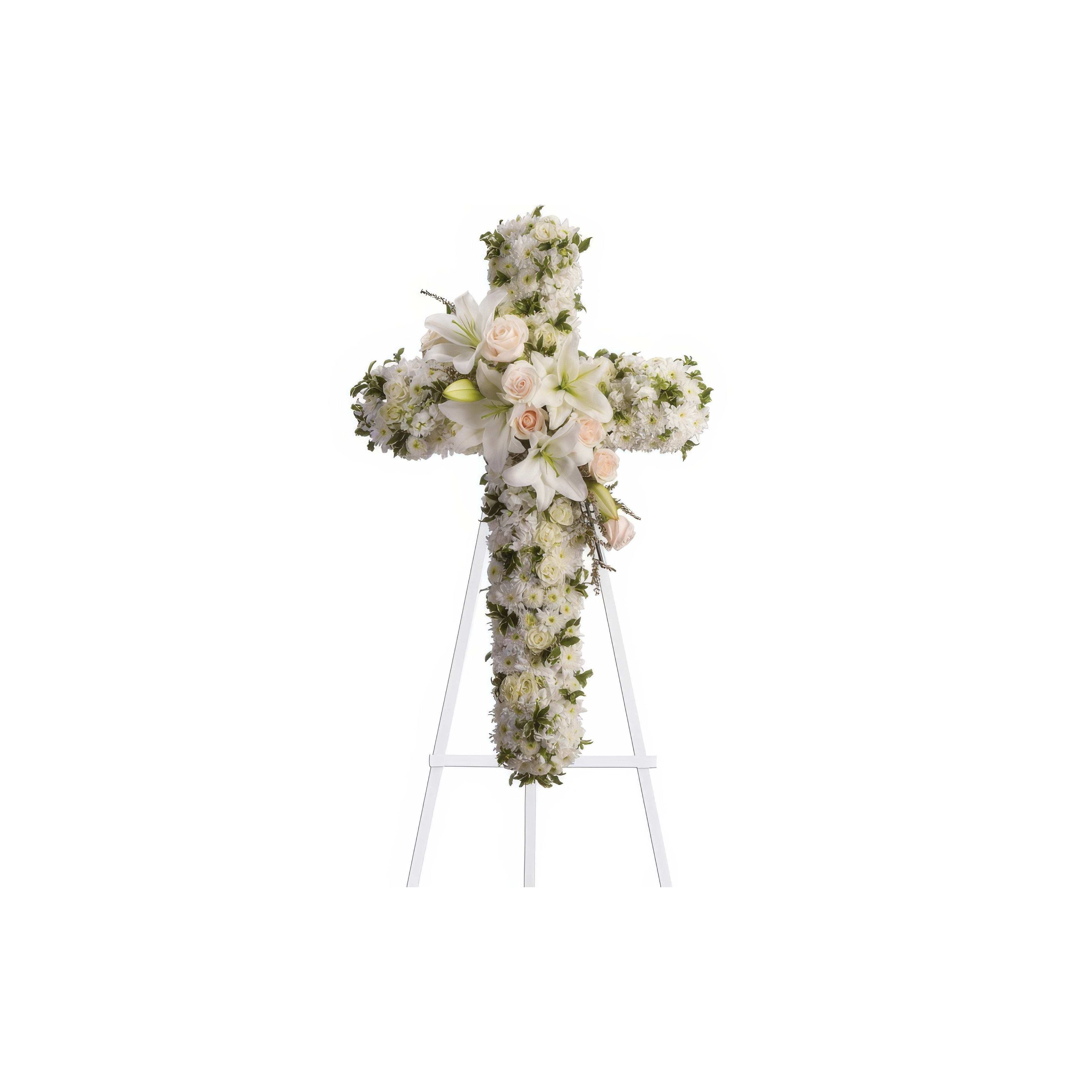 Elaborate floral cross adorned with white flowers displayed on a stand at a memorial service.