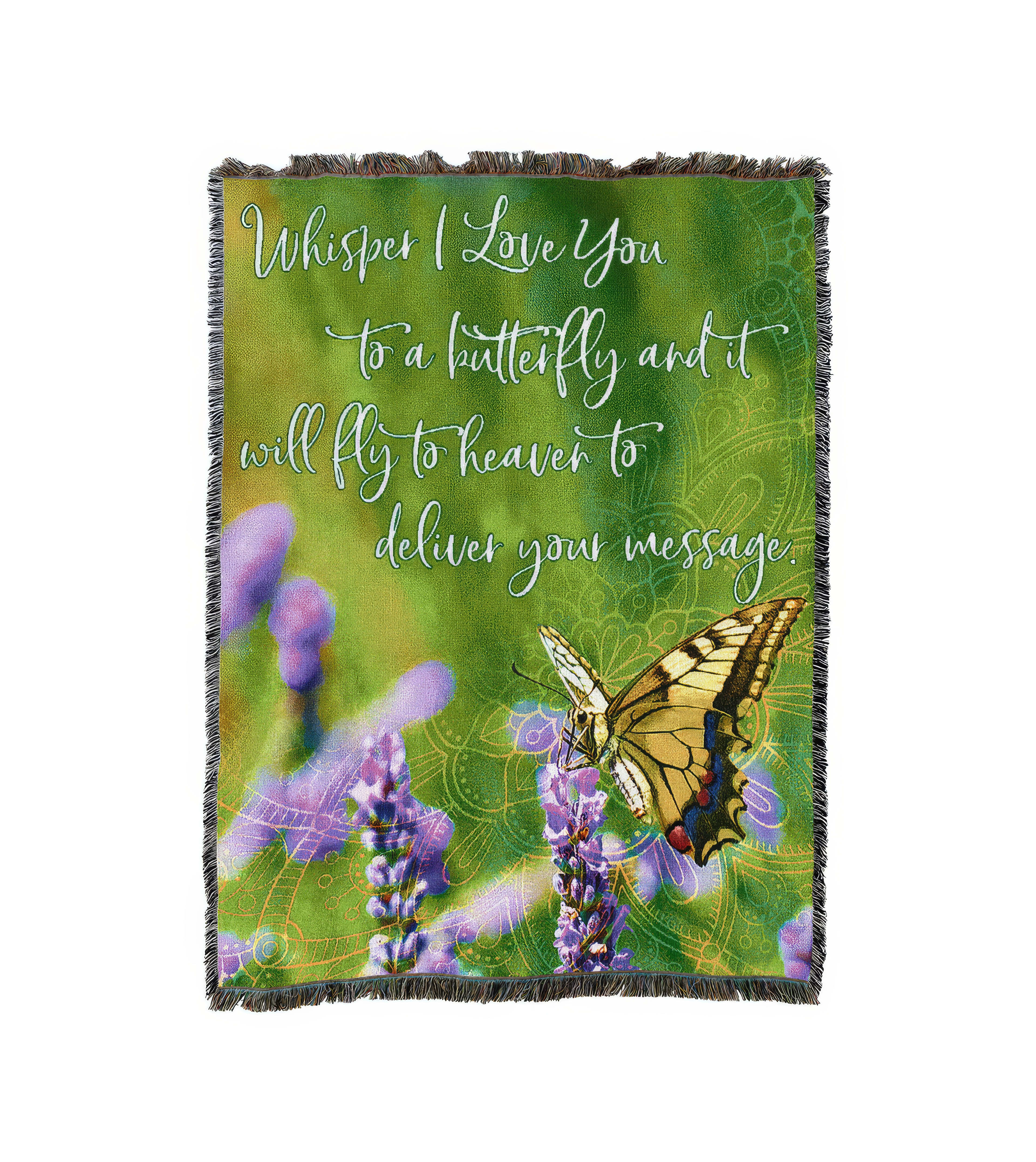 A vibrant scene features a butterfly among purple flowers, conveying a heartfelt message of love.
