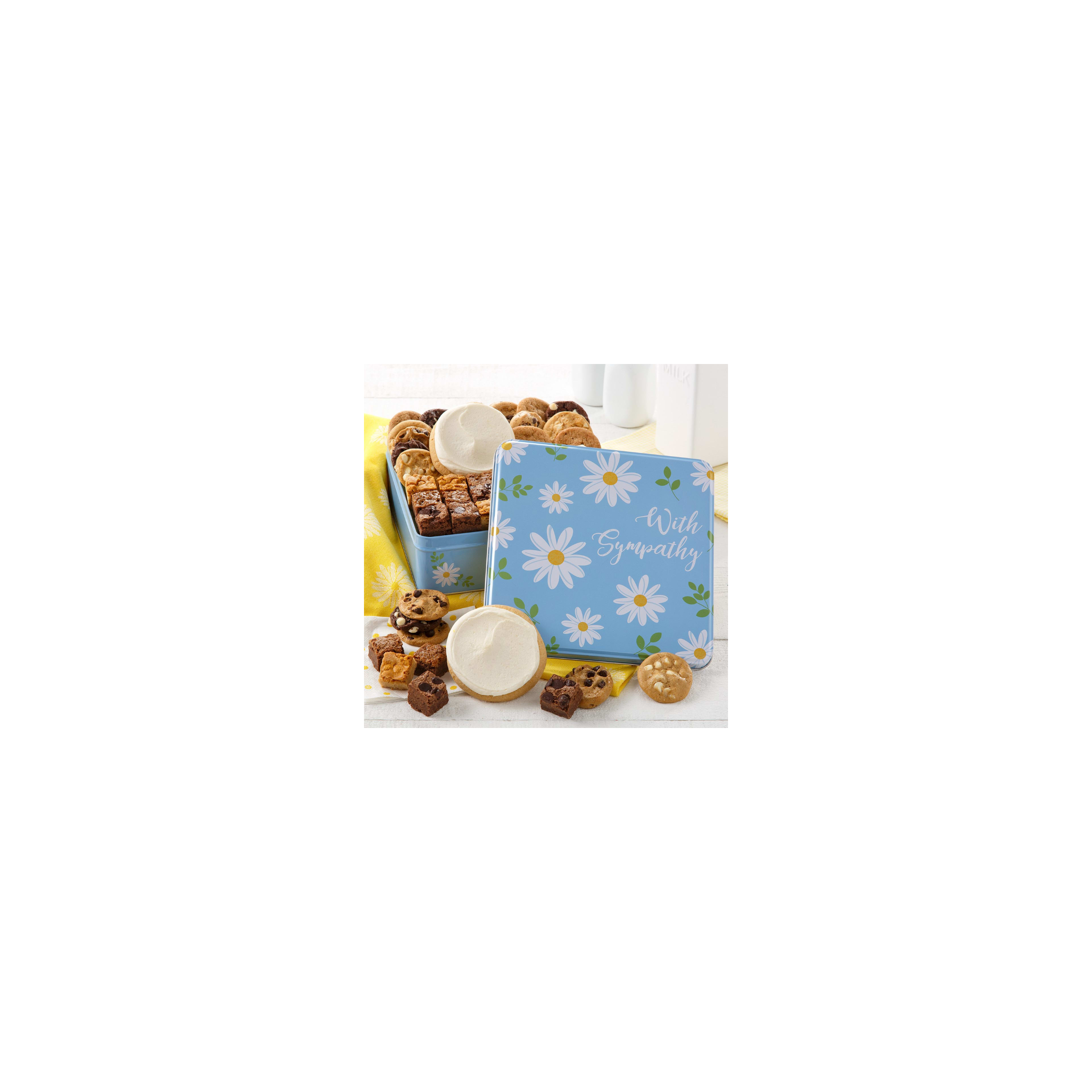 A colorful tin filled with assorted cookies and dessert squares offers a thoughtful gesture.