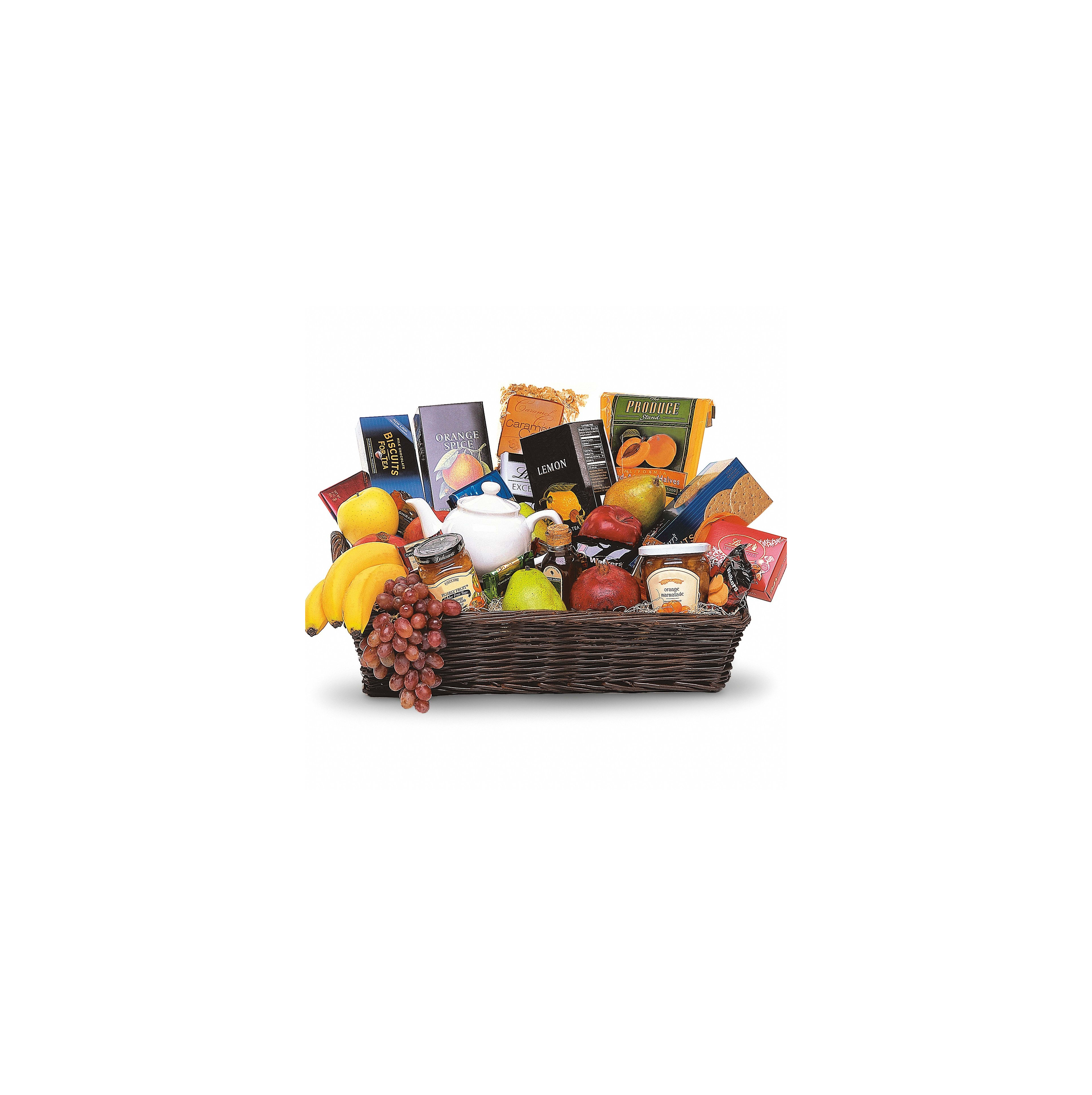 A vibrant gift basket overflowing with fresh fruits, snacks, and gourmet treats awaits presentation.