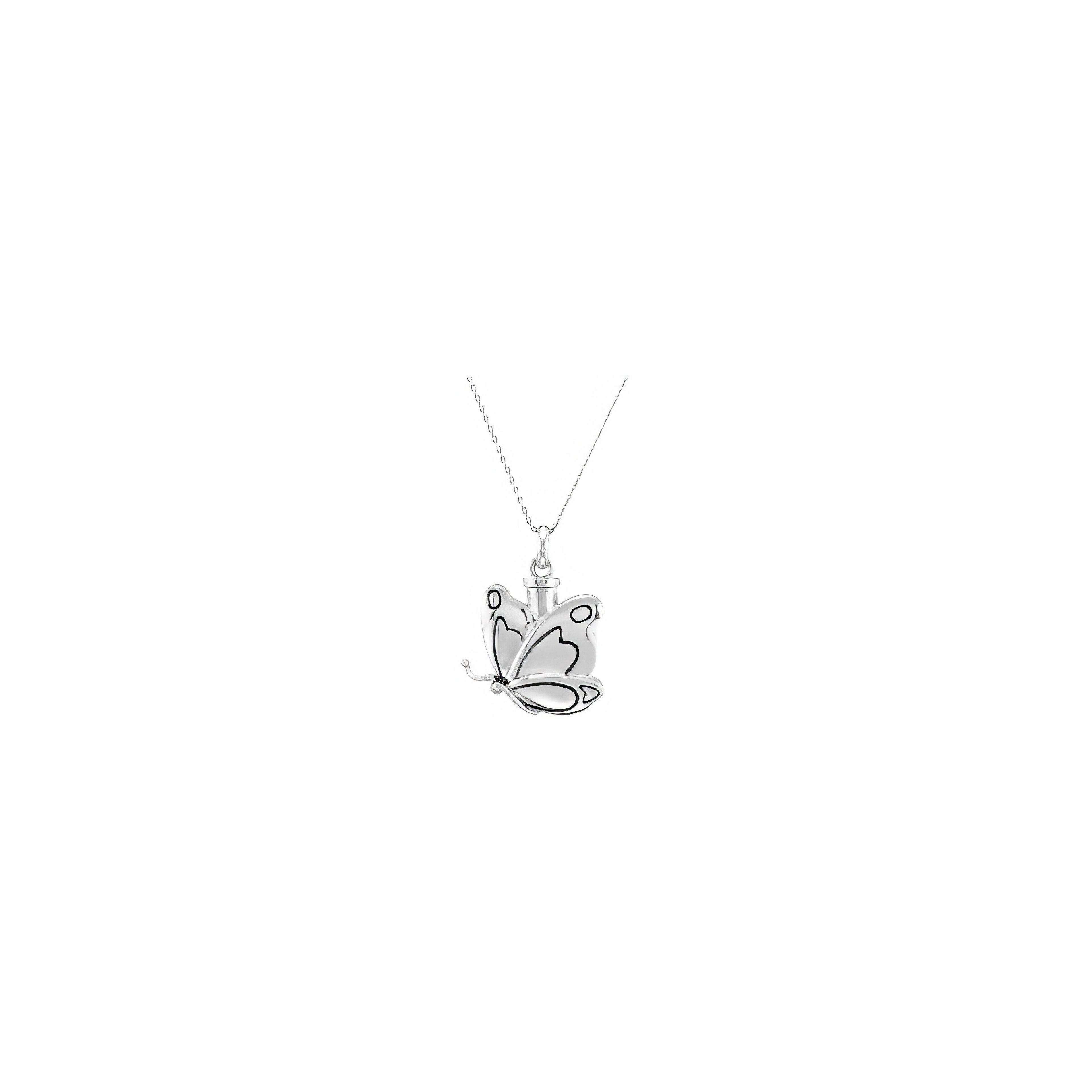 A beautifully crafted silver butterfly pendant with delicate patterns hanging from a fine chain.