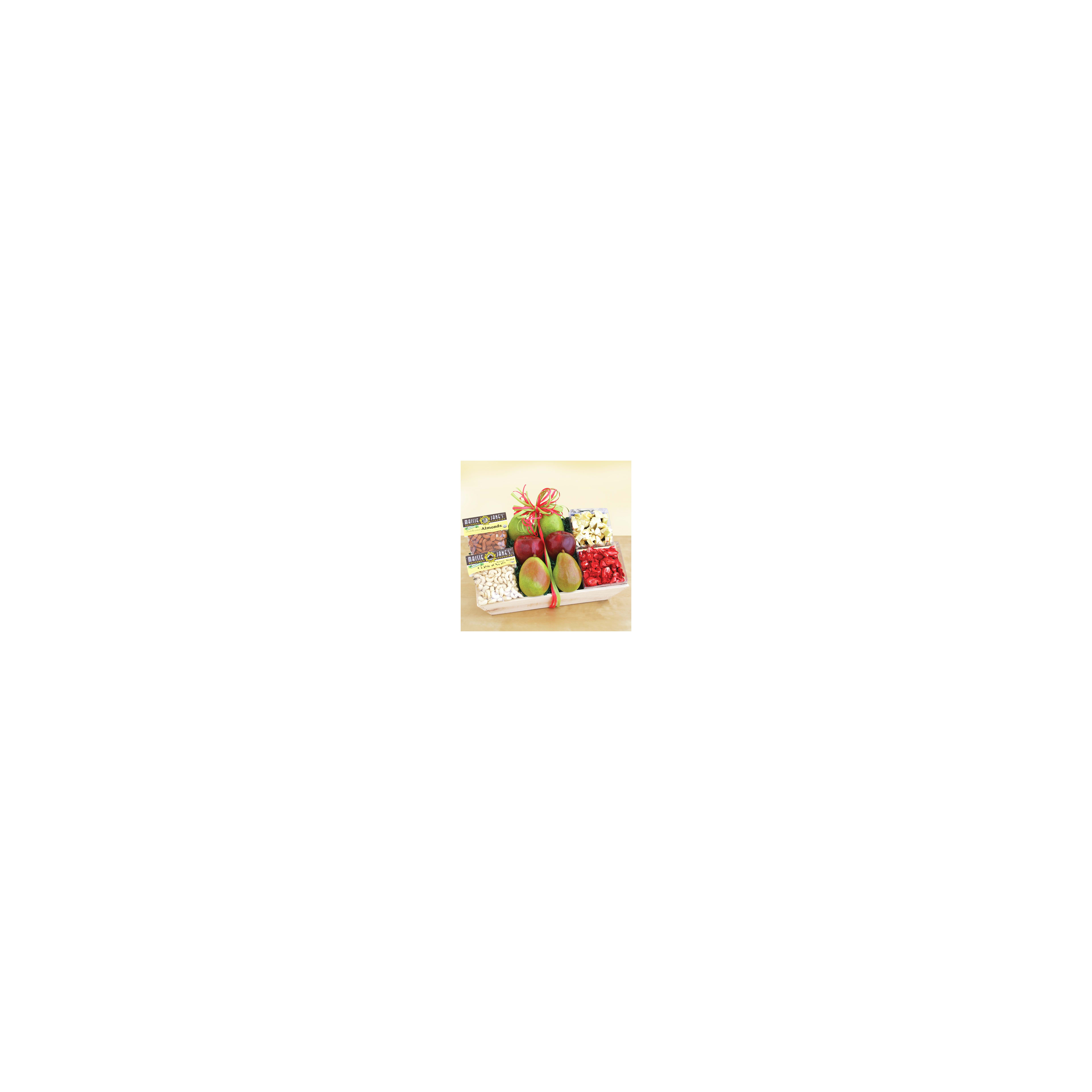 The display features a basket filled with apples, pears, nuts, and sweets, perfect for gifts.