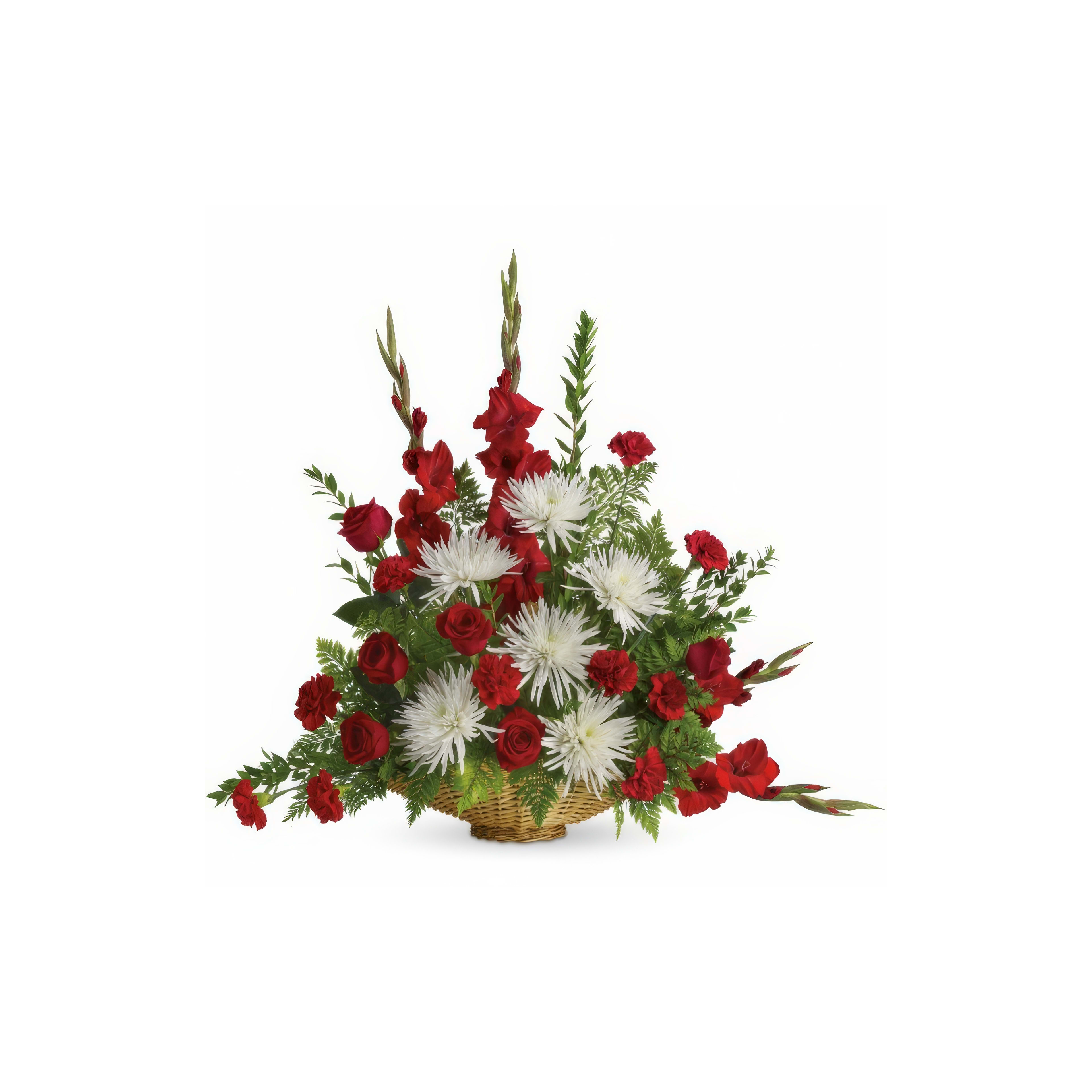 A stunning display of red roses and white chrysanthemums in a woven basket.