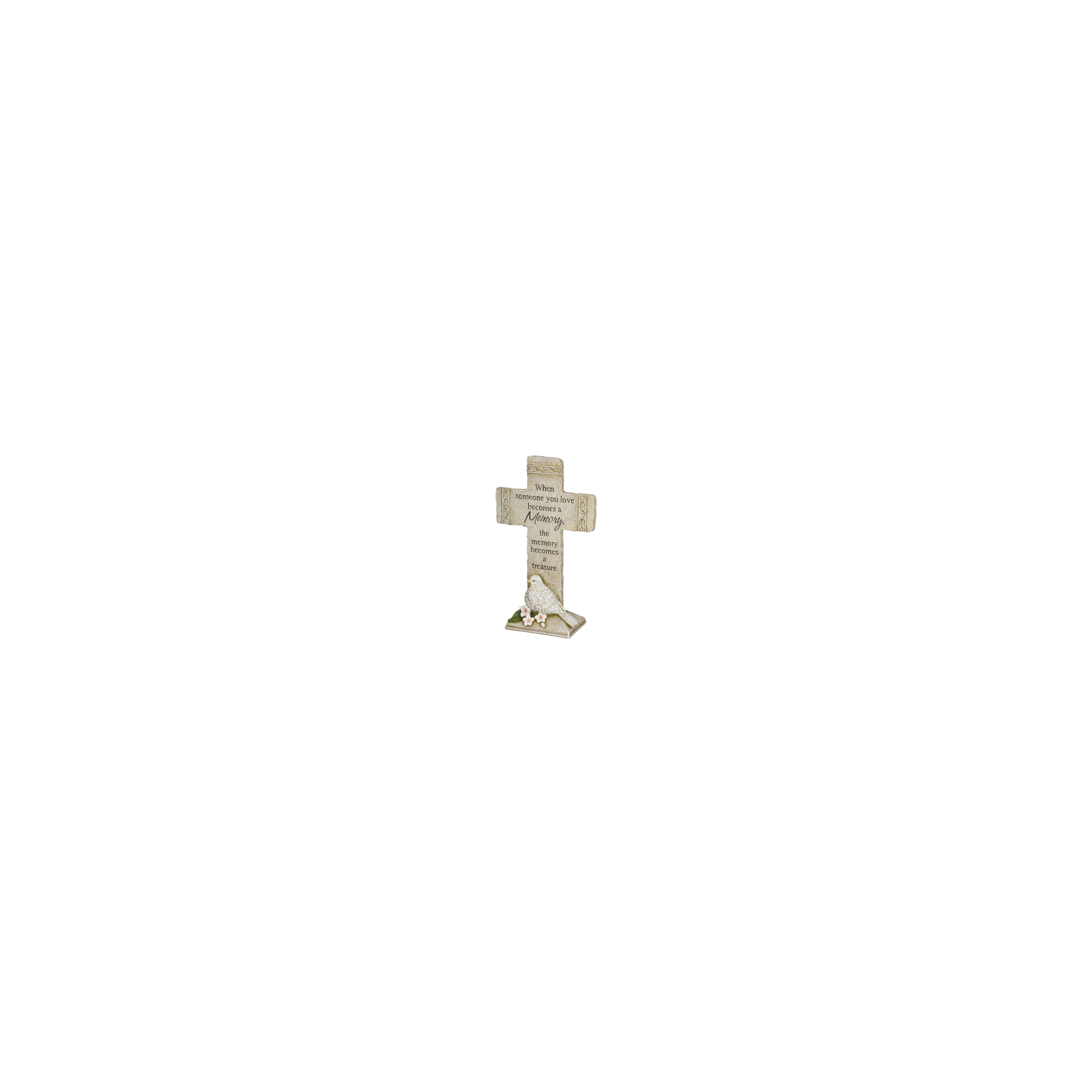 A decorative cross with a loving message, adorned with a bird and floral accents.