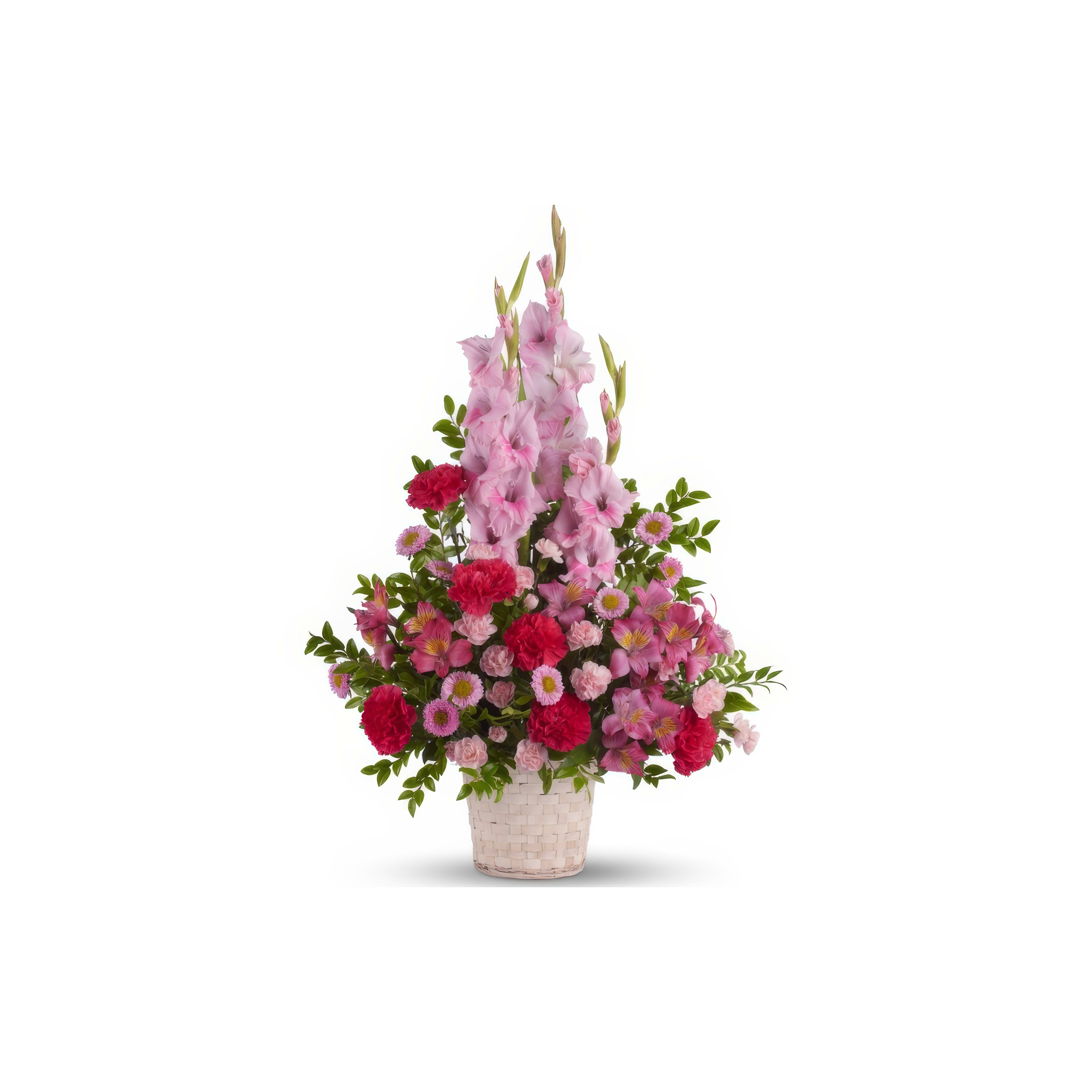Colorful flowers including glads and roses create a vibrant display in a basket.