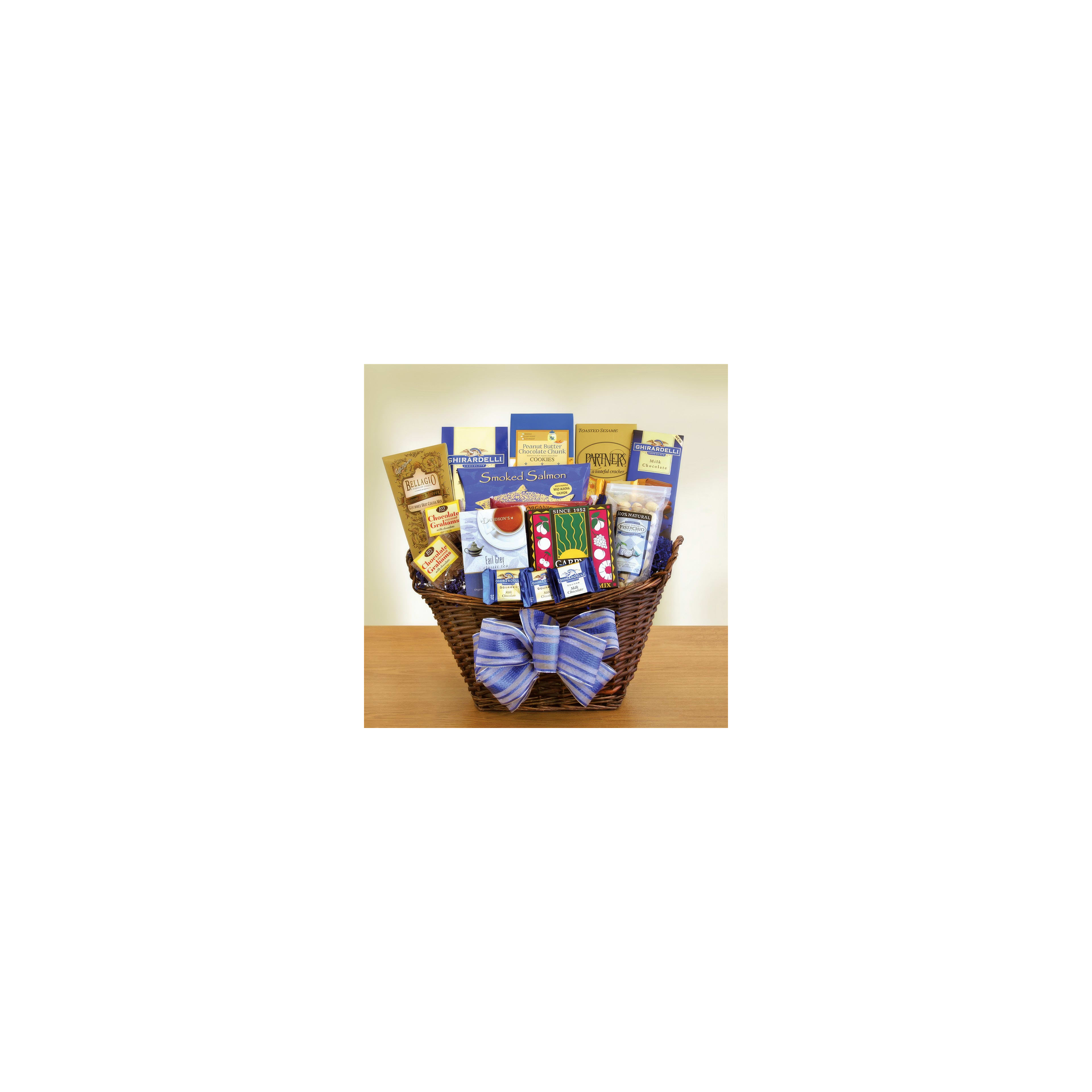 This basket features a variety of gourmet snacks, including chocolates and smoked salmon.