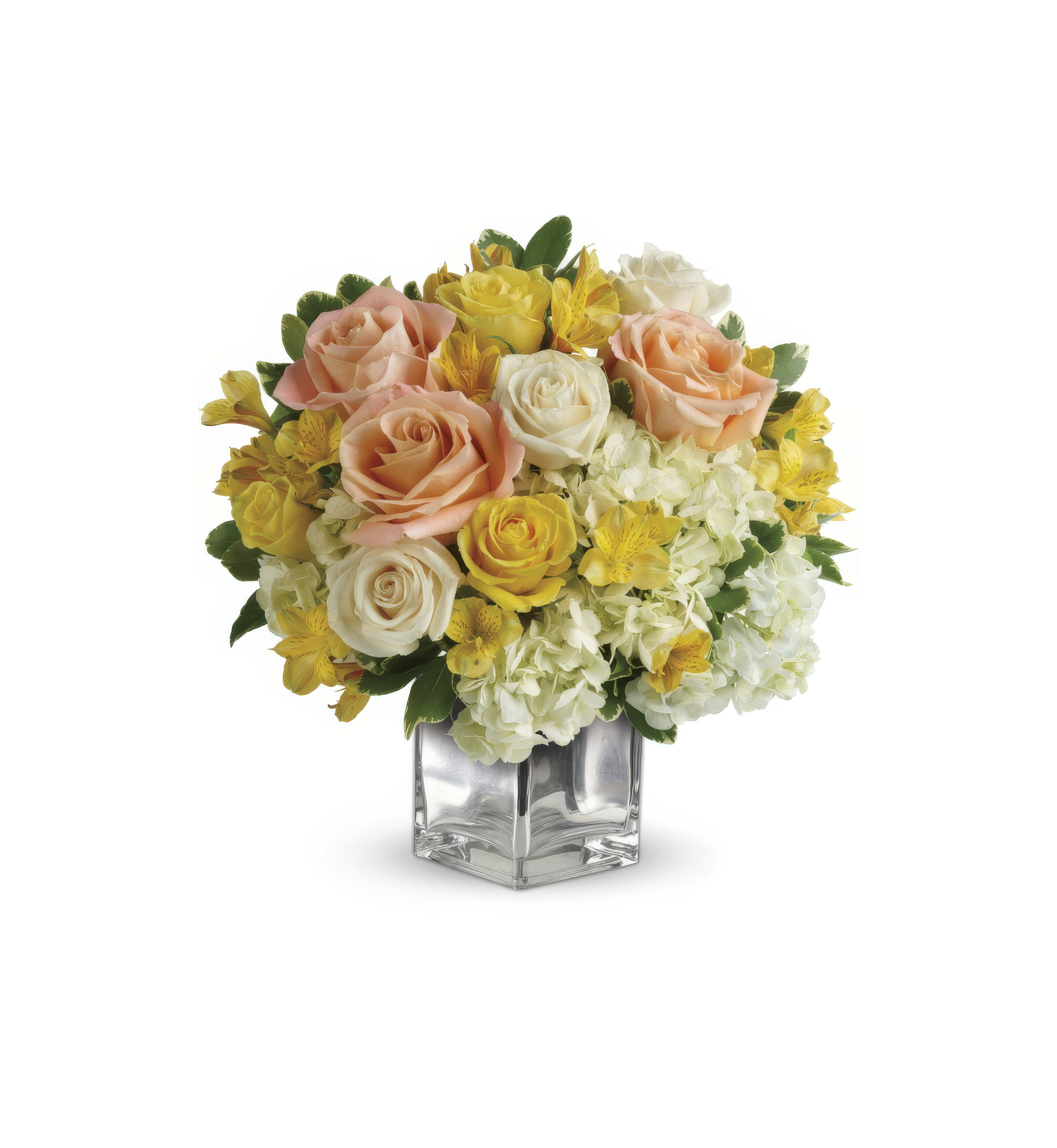 A stunning floral arrangement featuring pink, white, and yellow roses along with delicate greenery.