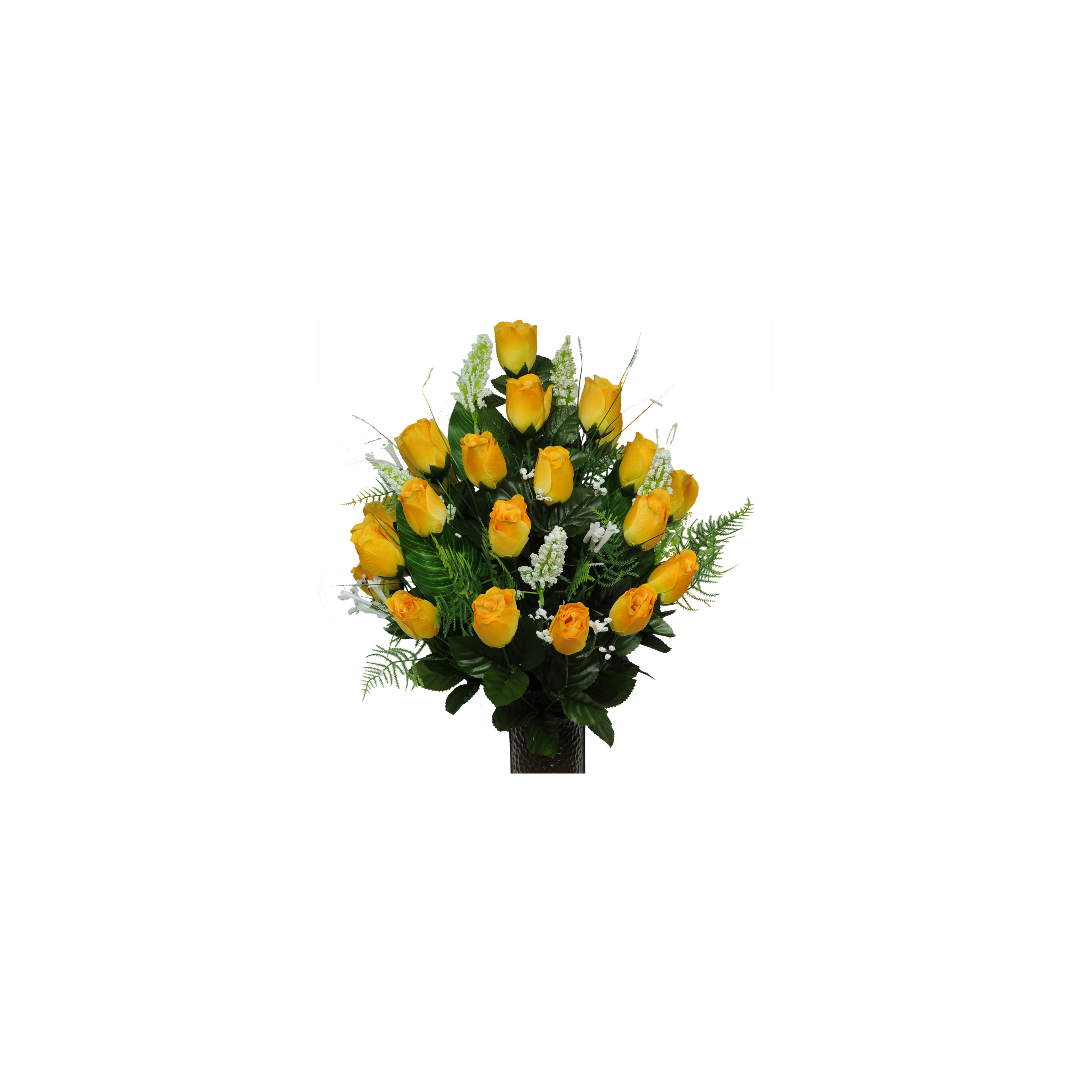 Vibrant yellow rose bouquet surrounded by lush green foliage perfect for celebrations.