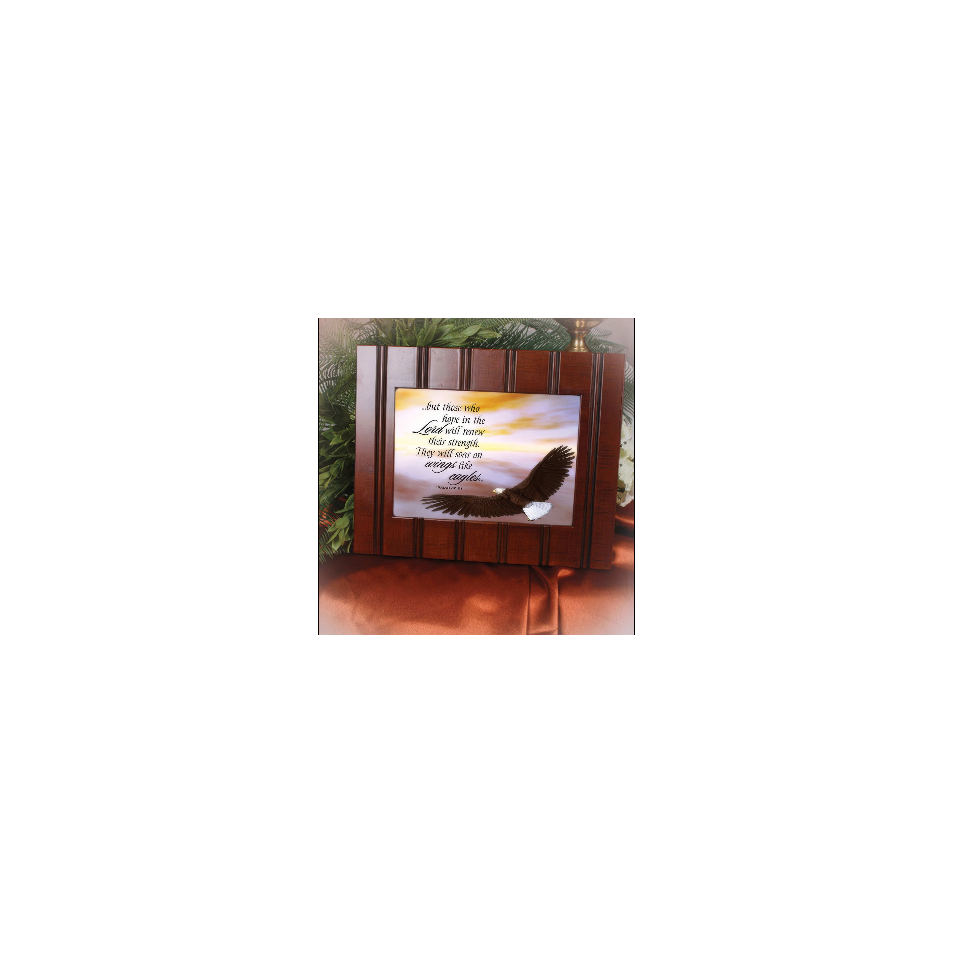 A wooden frame displays eagle artwork with a hope and strength quote against a calm backdrop.