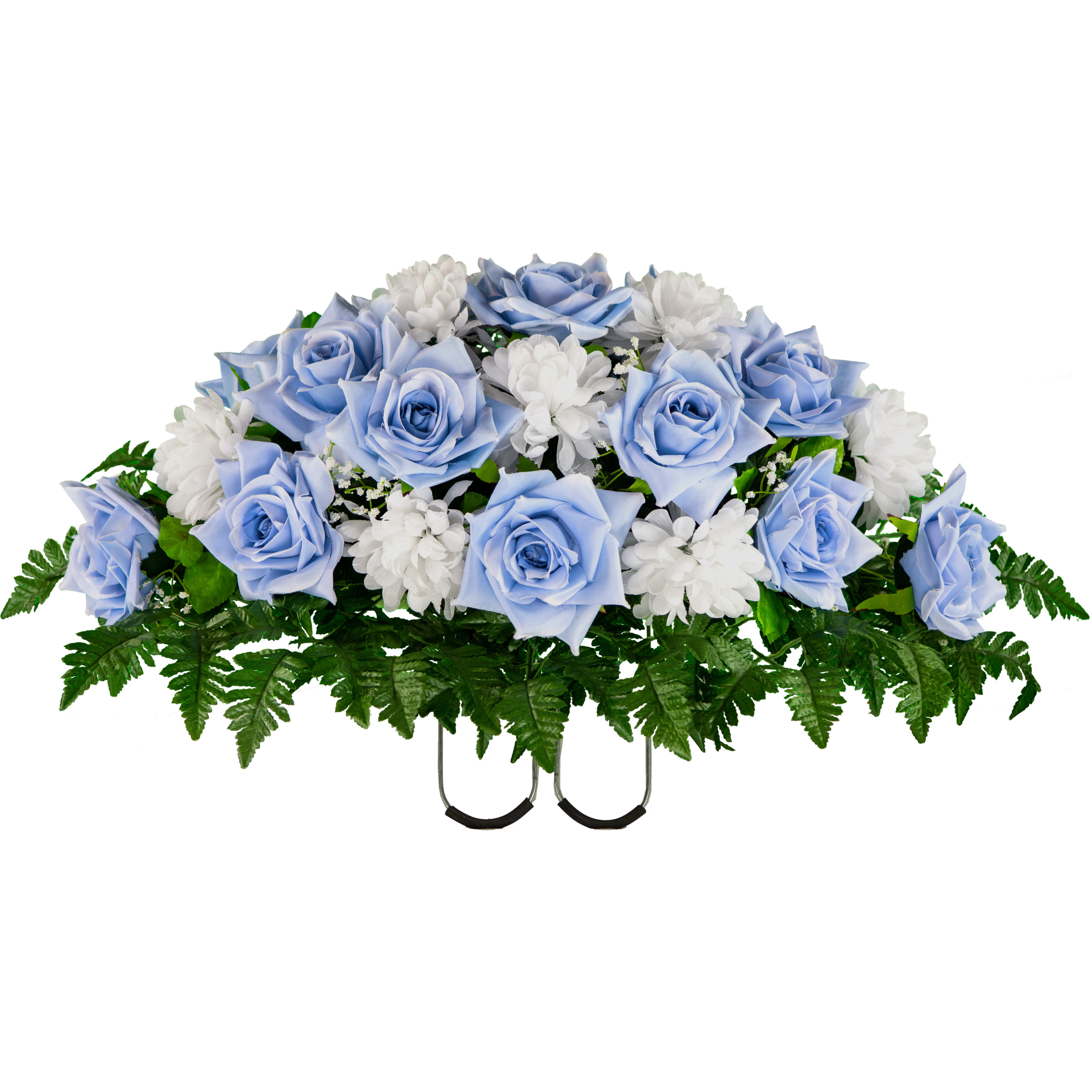 A lovely arrangement featuring soft blue roses and white flowers surrounded by lush greenery.