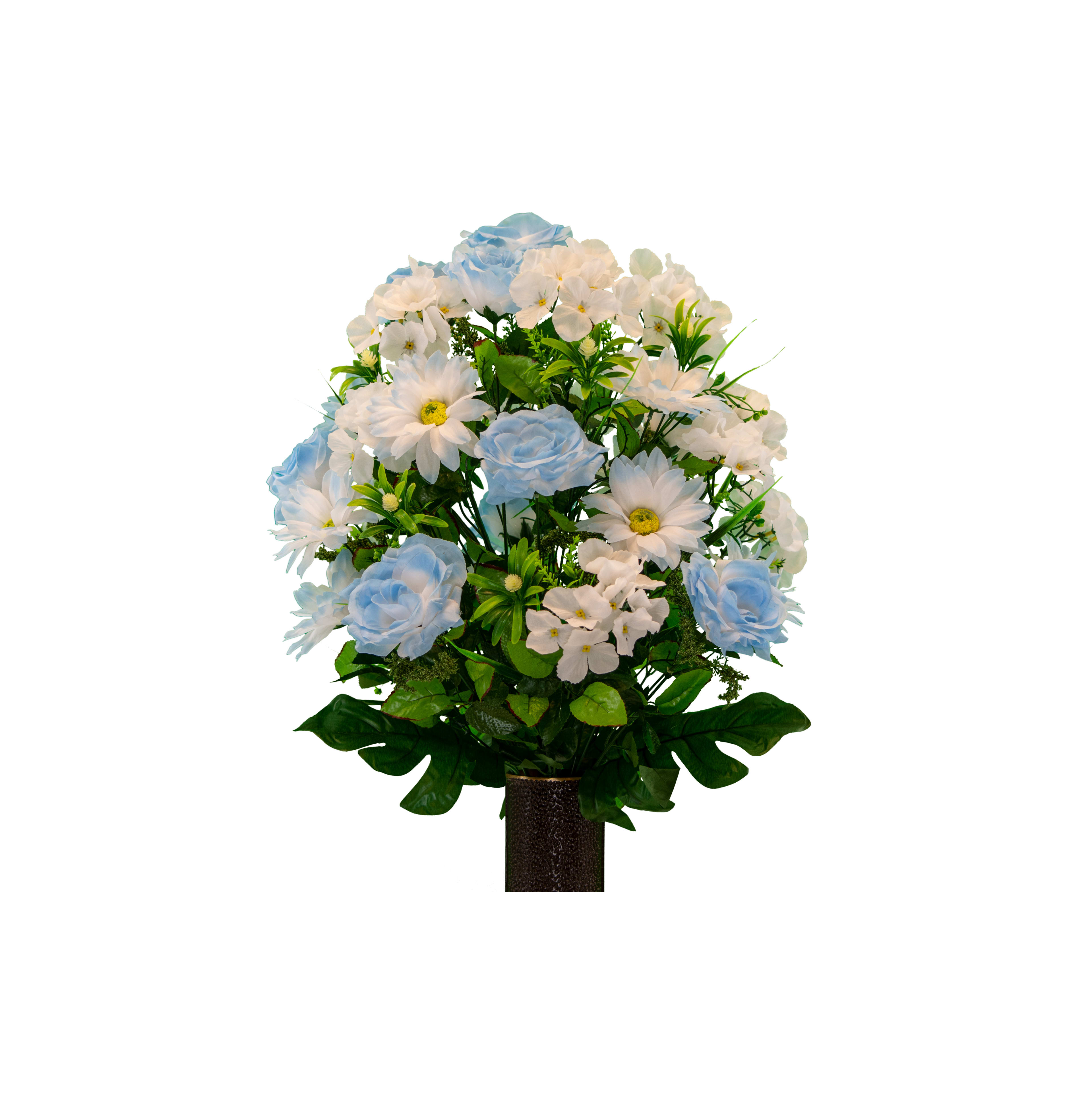 A beautiful bouquet filled with blue roses and white daisies enhances the decor in a modern space.