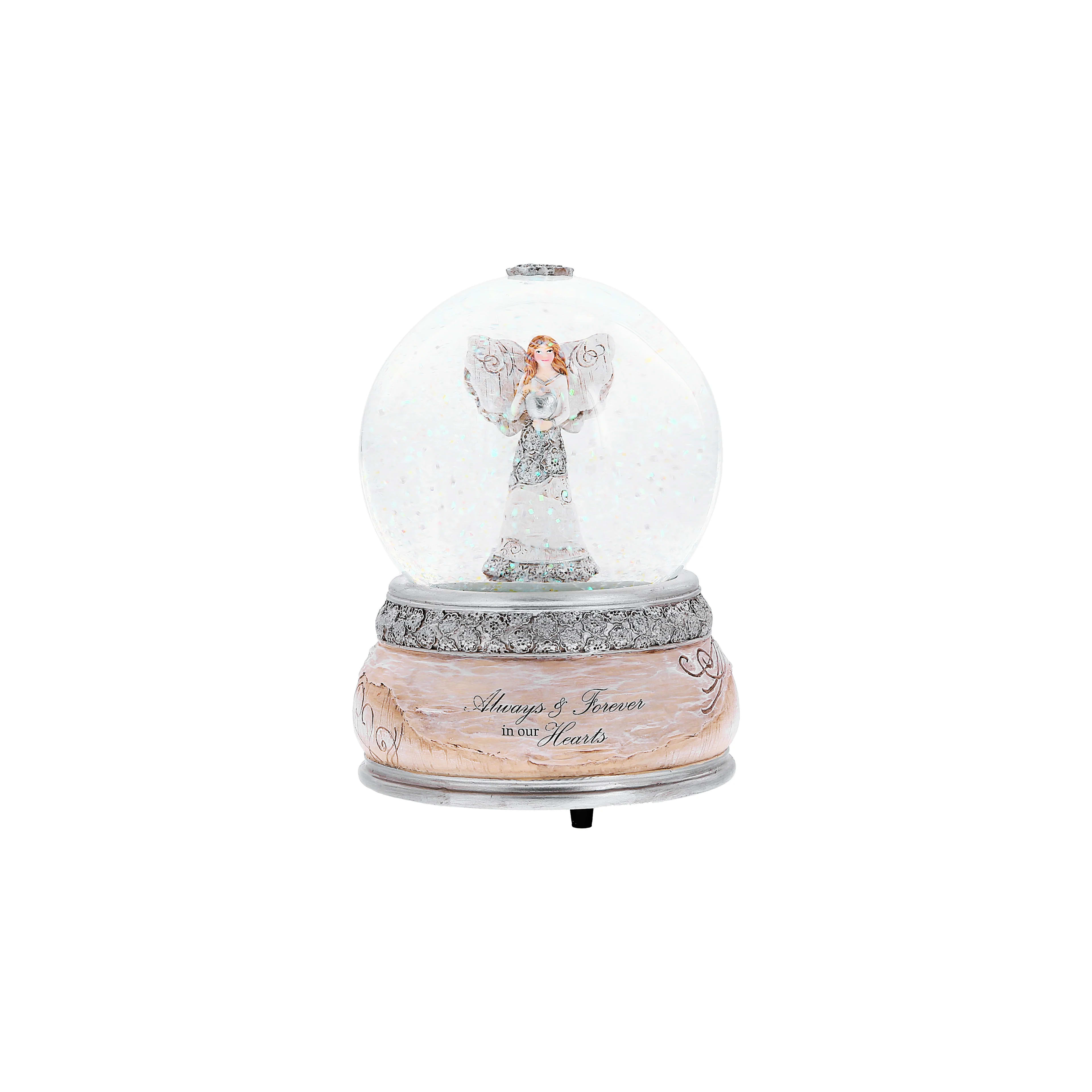A beautifully crafted snow globe holds a serene angel figure on an elegant base.