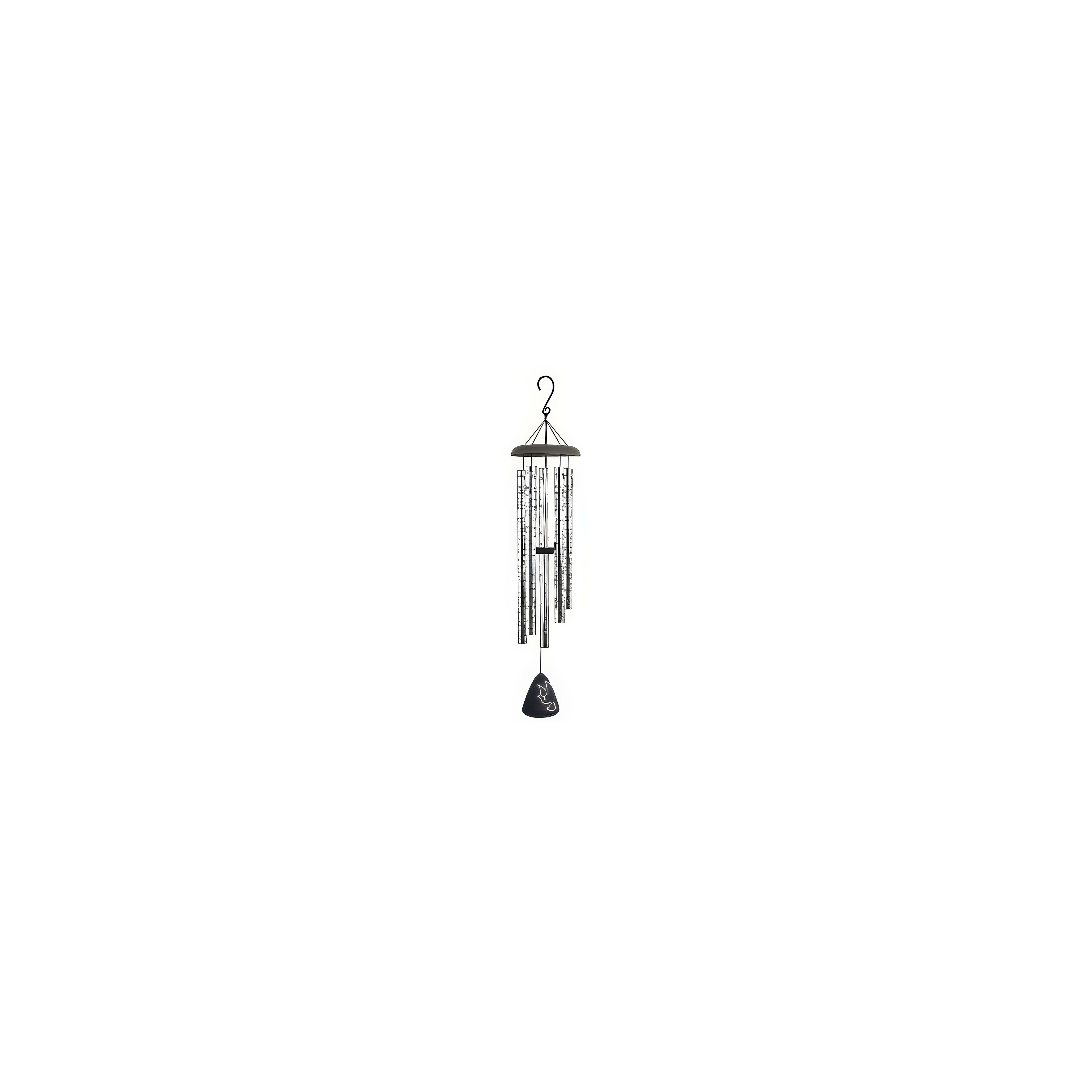 Wind chime with silver tubes sways gently in the breeze under a clear sky, creating soothing sounds.