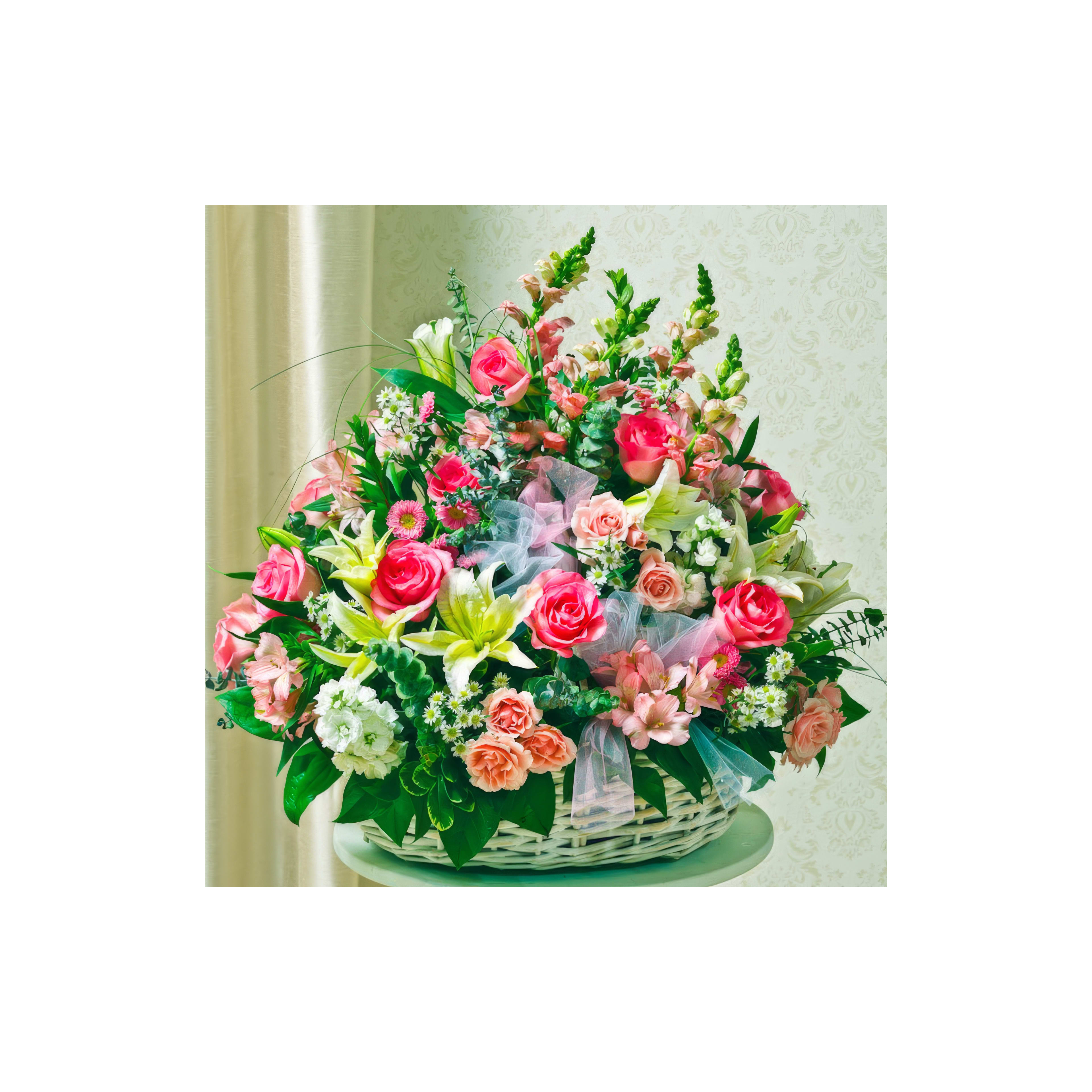 Colorful flowers in a basket create a vibrant display, ideal for celebrations and gifts.
