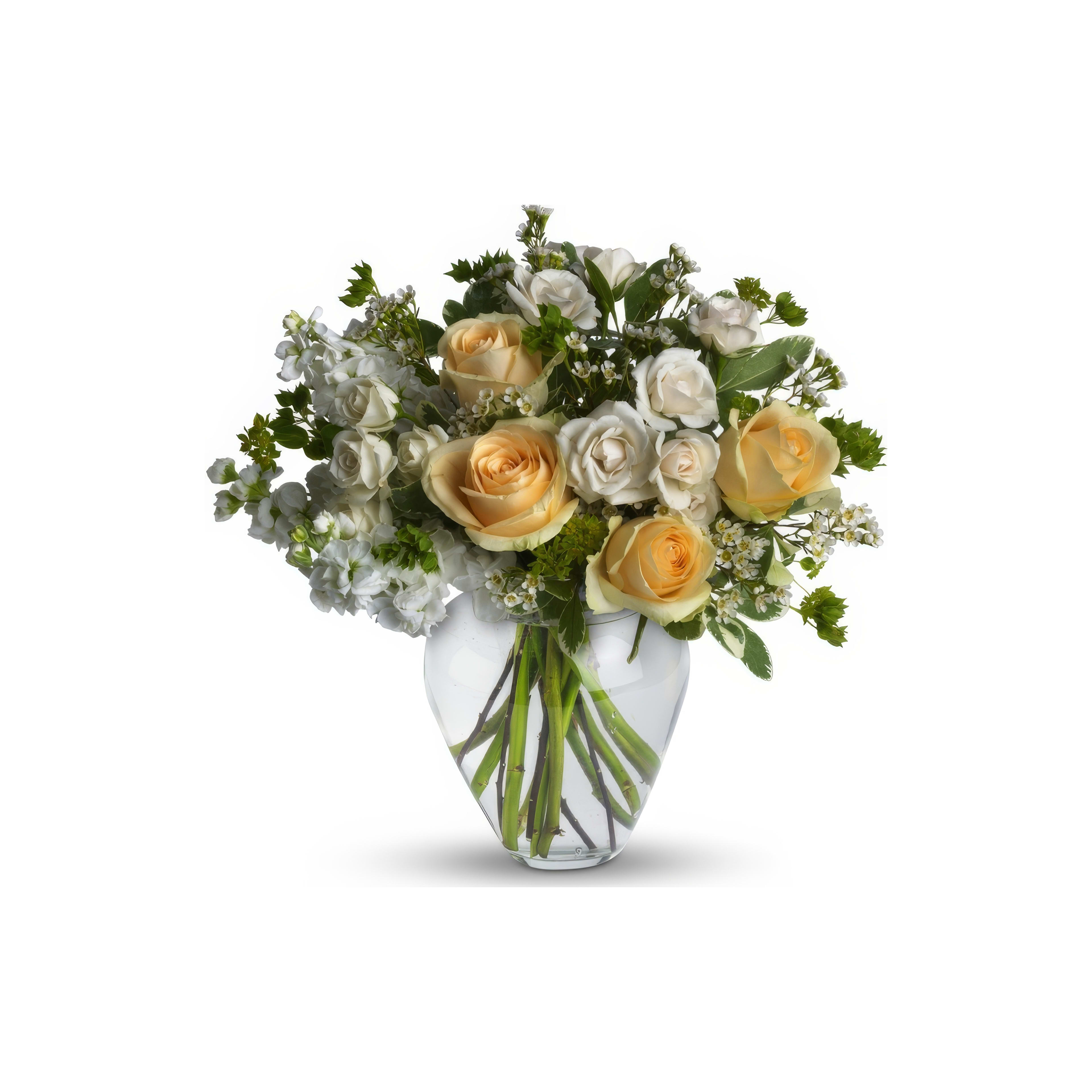 This vibrant bouquet of orange and white flowers in a clear vase is perfect for celebrations.