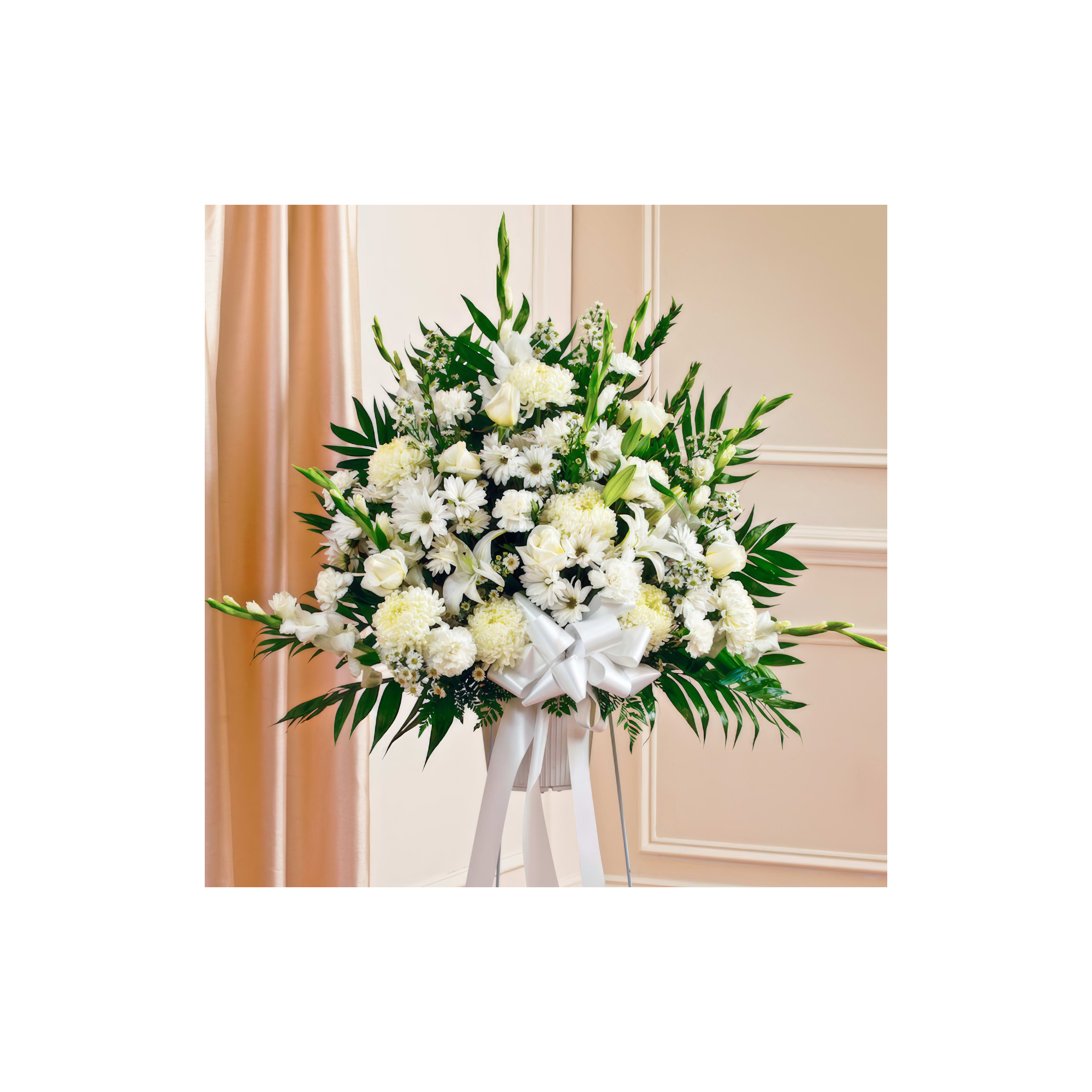 A beautiful floral display showcases white flowers arranged artfully for an elegant event.