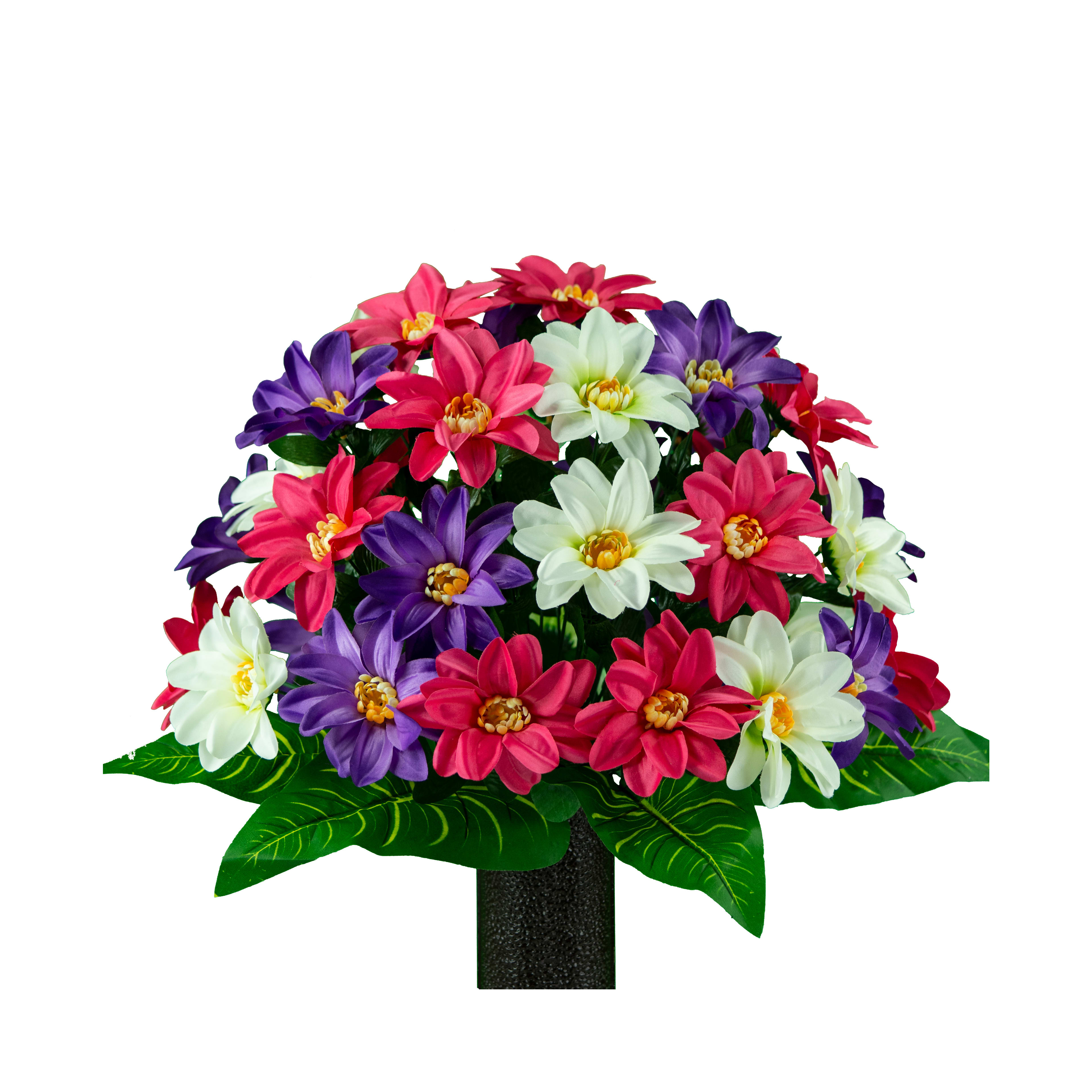 Vibrant artificial flowers in pink, white, and purple form a stunning arrangement.