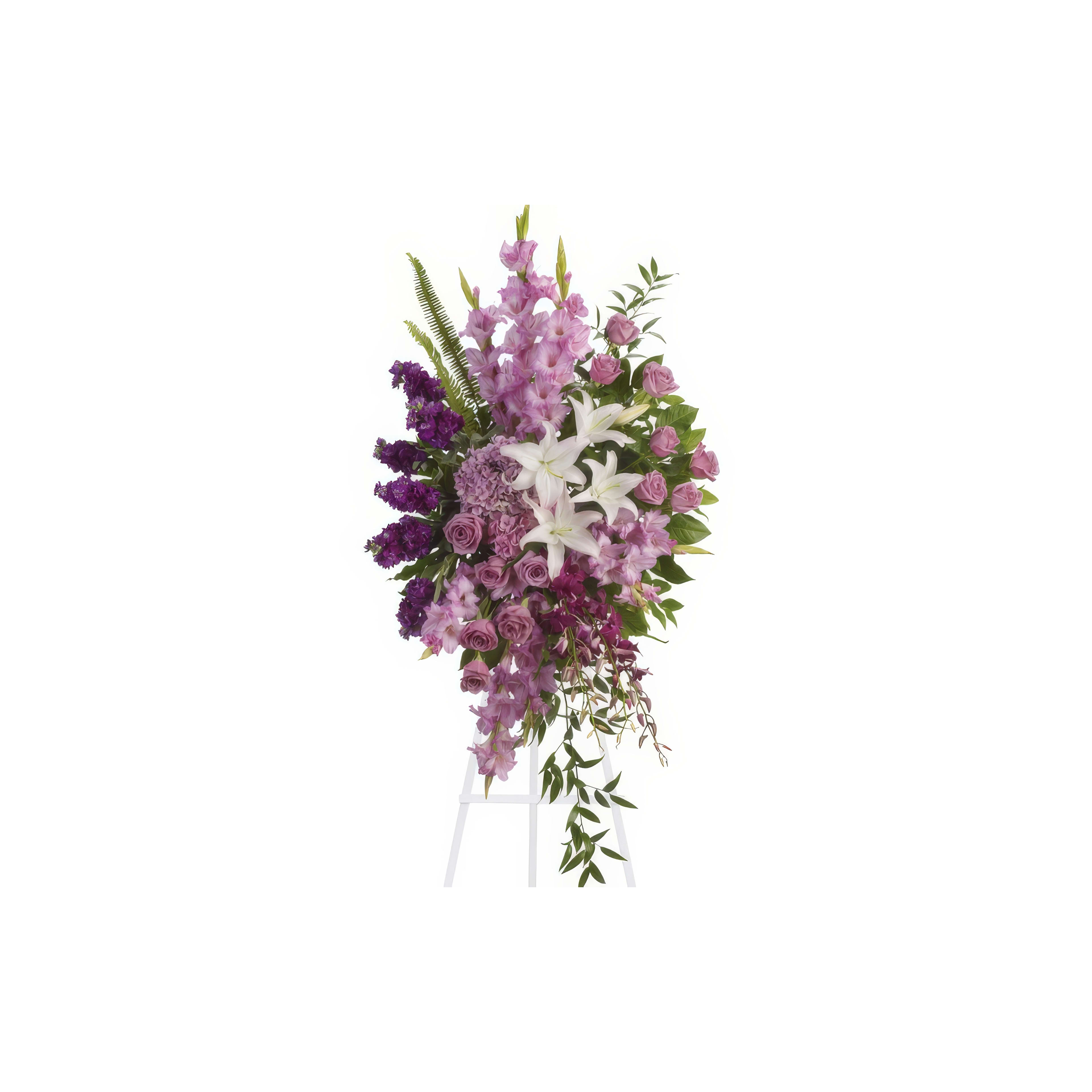 Vibrant pink and purple bouquet with lush green accents, ideal for events.