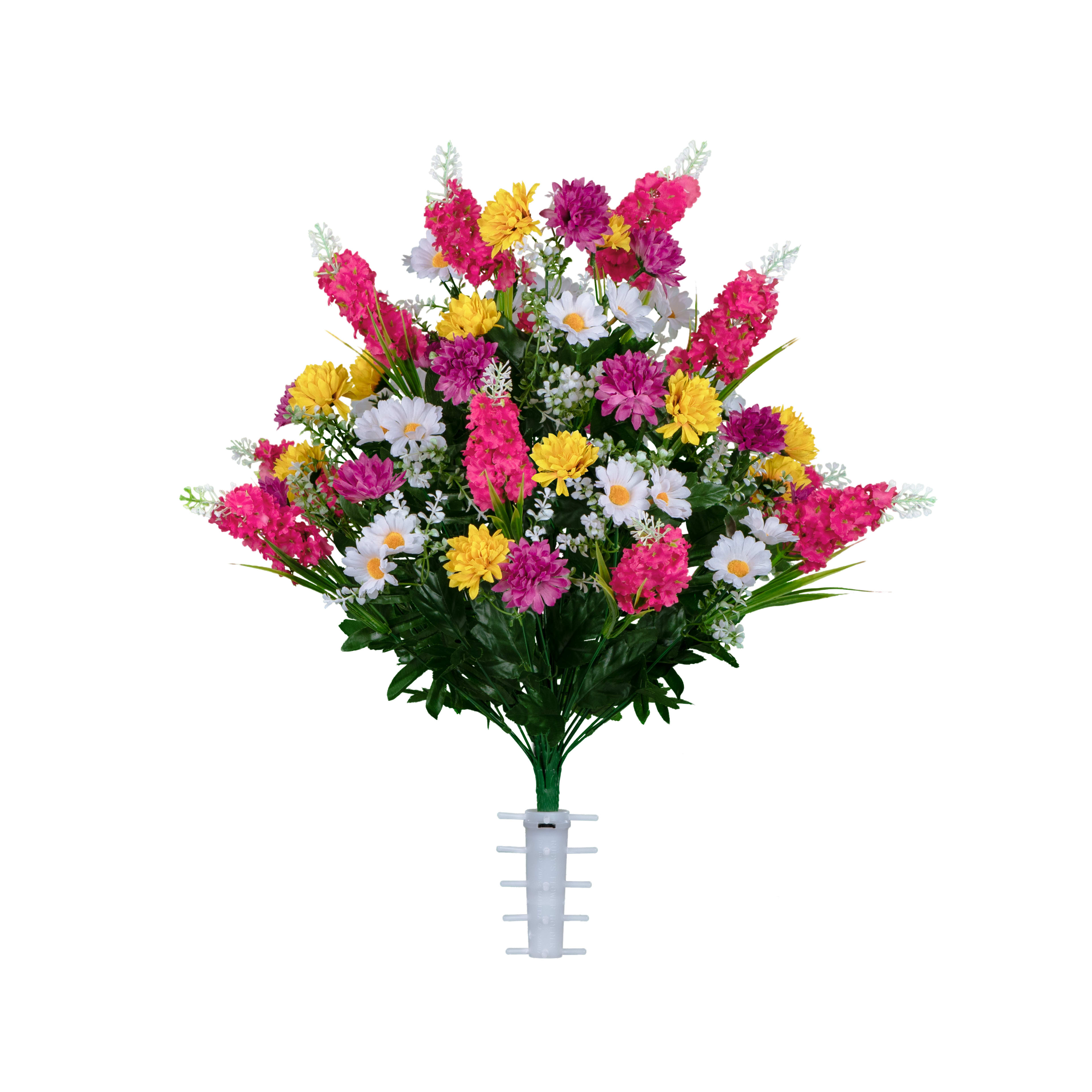 Bright and vibrant artificial flower arrangement featuring various colors and types of blooms.