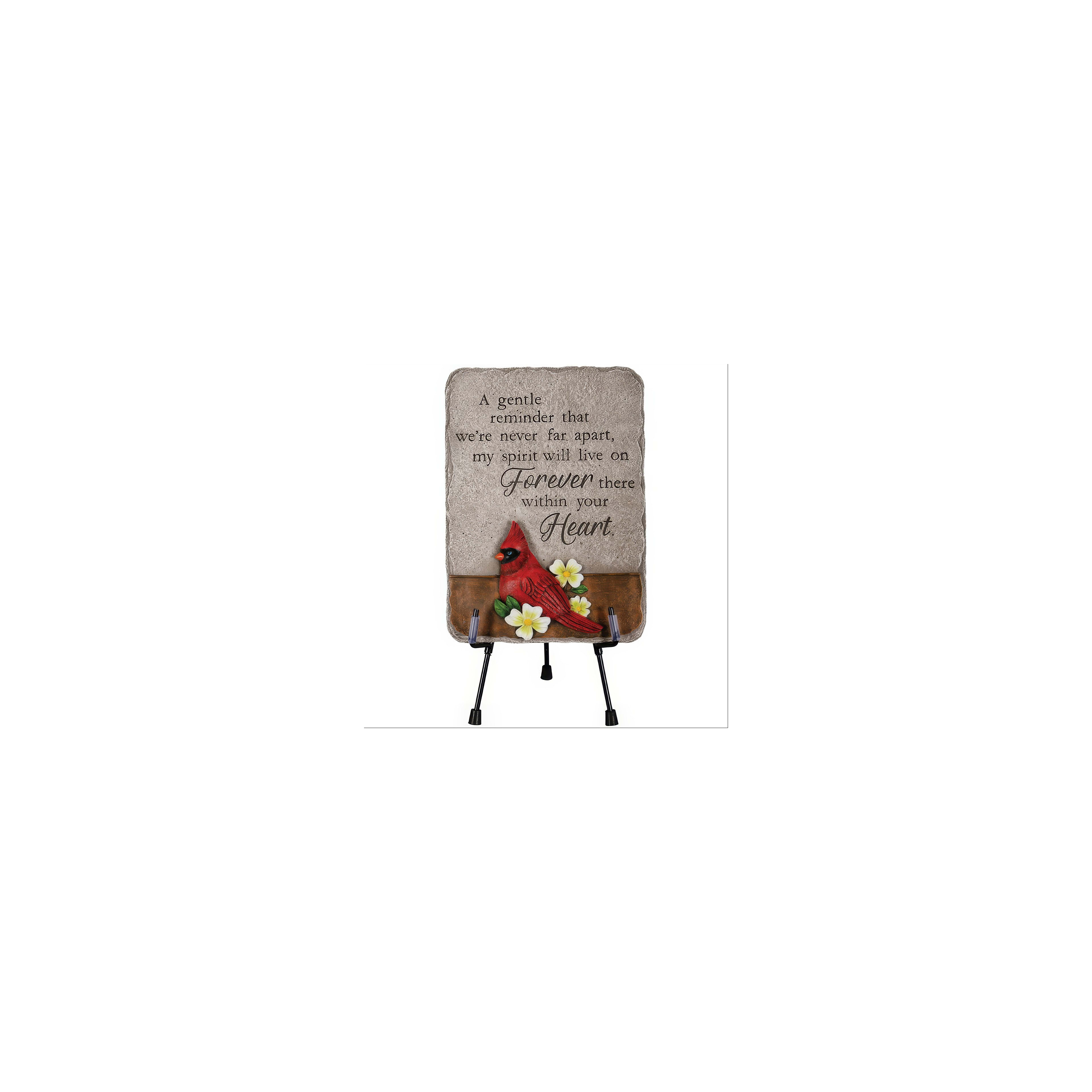 Stone memorial displays a cardinal and flowers with a touching message about remembrance.