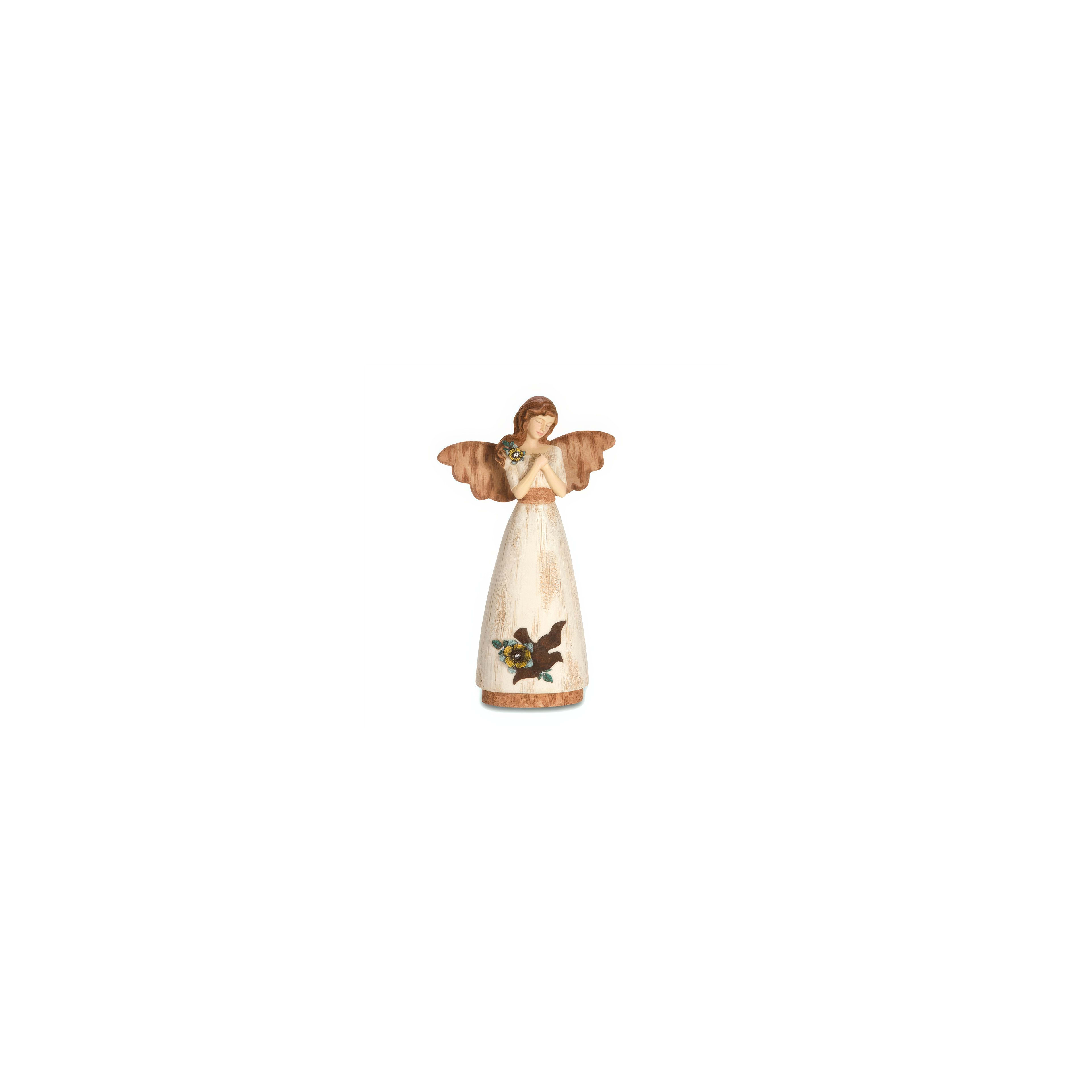 A graceful angel figurine with wooden wings and floral accents, perfect for decor.