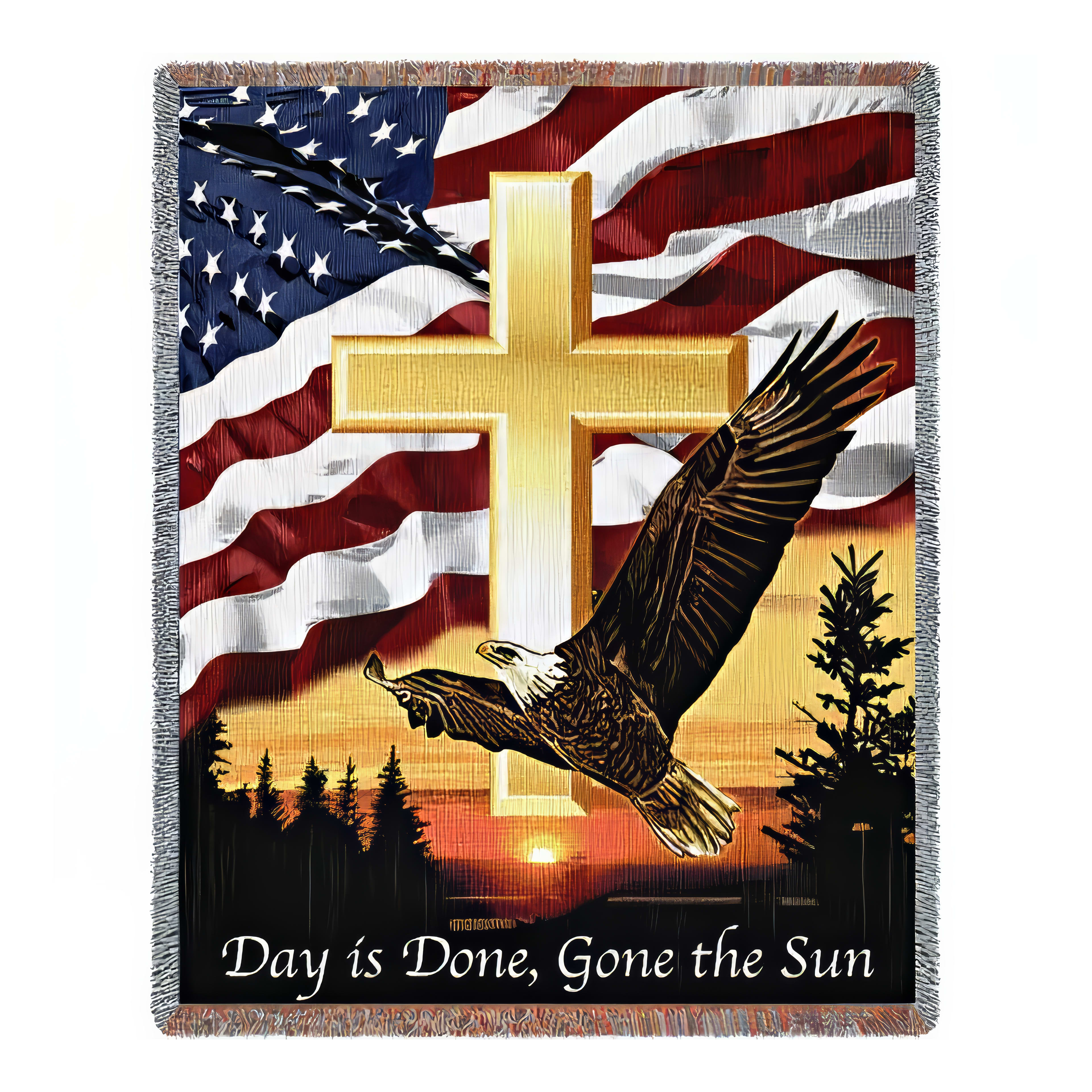A cross and eagle stand out in a sunset with a flag, symbolizing faith and freedom.