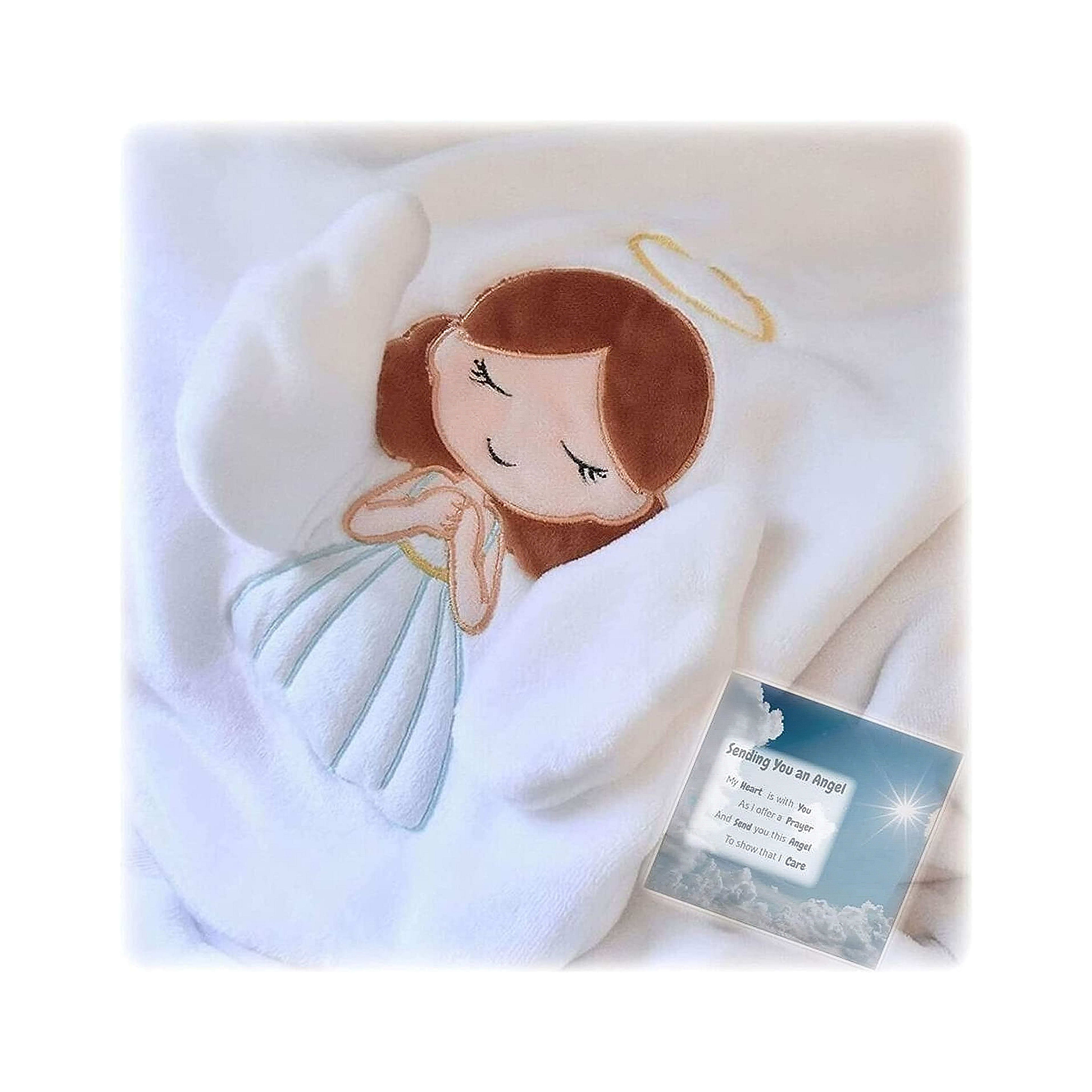 A gentle blanket adorned with a sweet angel design offers comfort along with a thoughtful message.