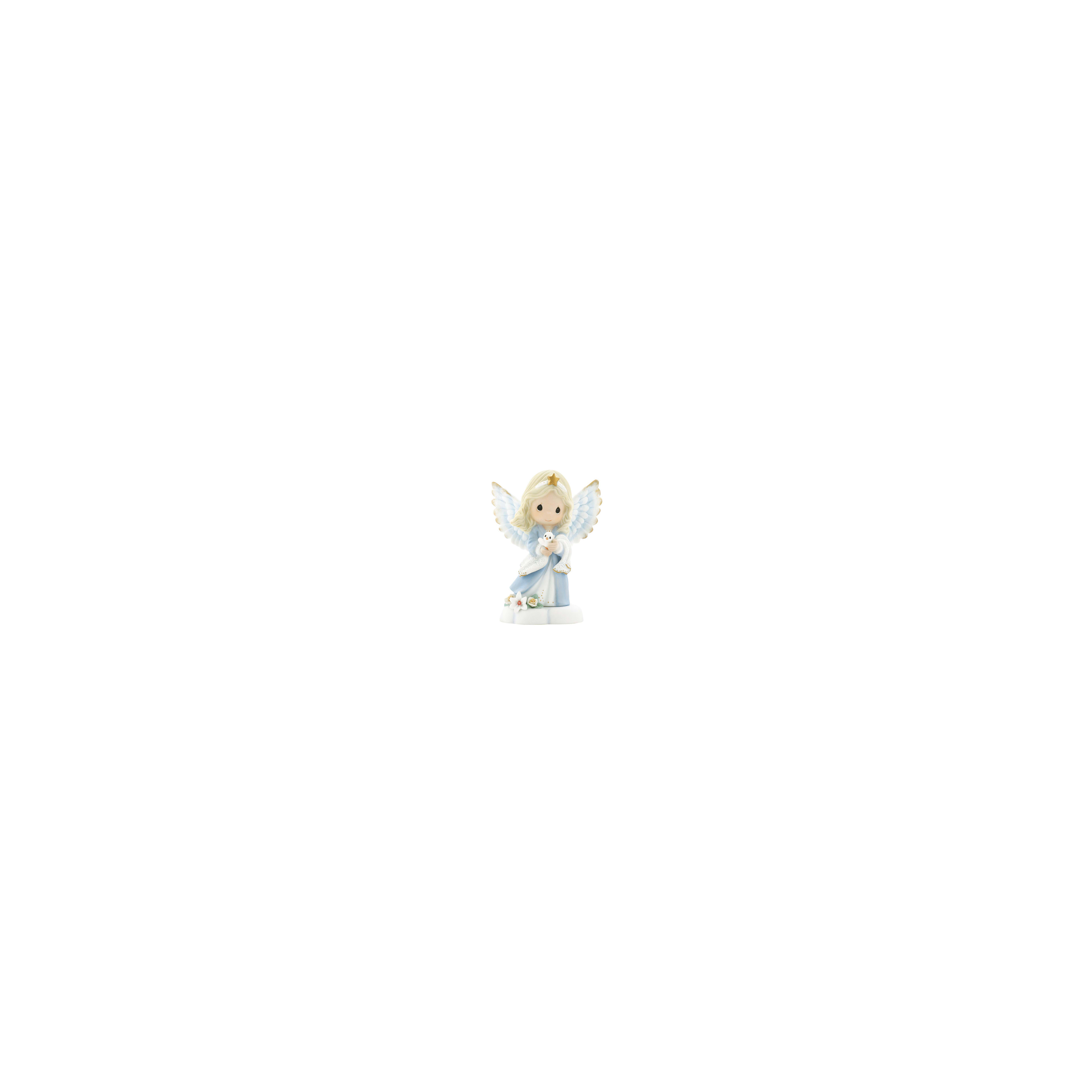 A charming angel figurine with wings and a star, cradling a dove, perfect for home decoration.