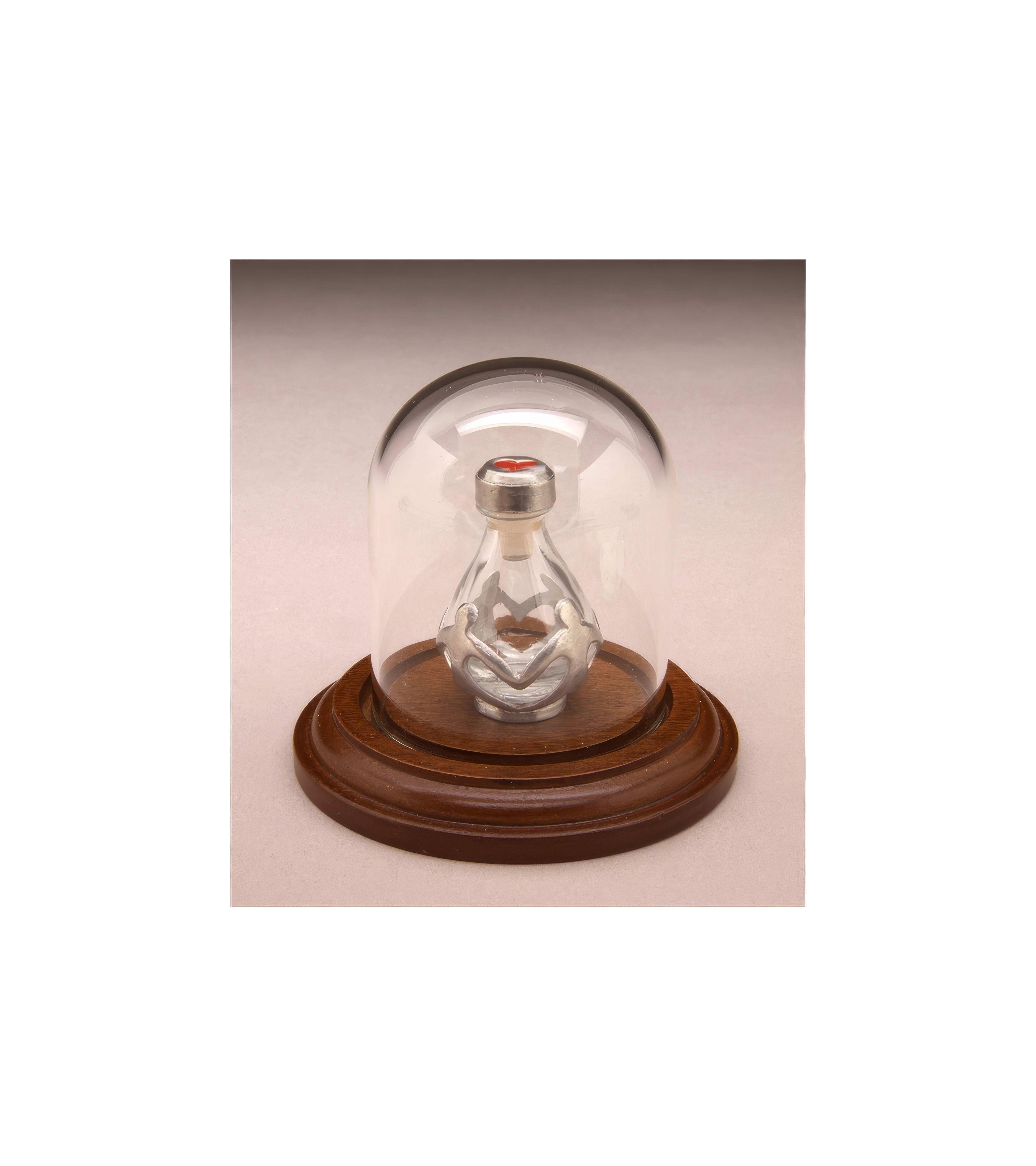 A delicate glass dome encases a unique metallic sculpture resting on a wooden pedestal.
